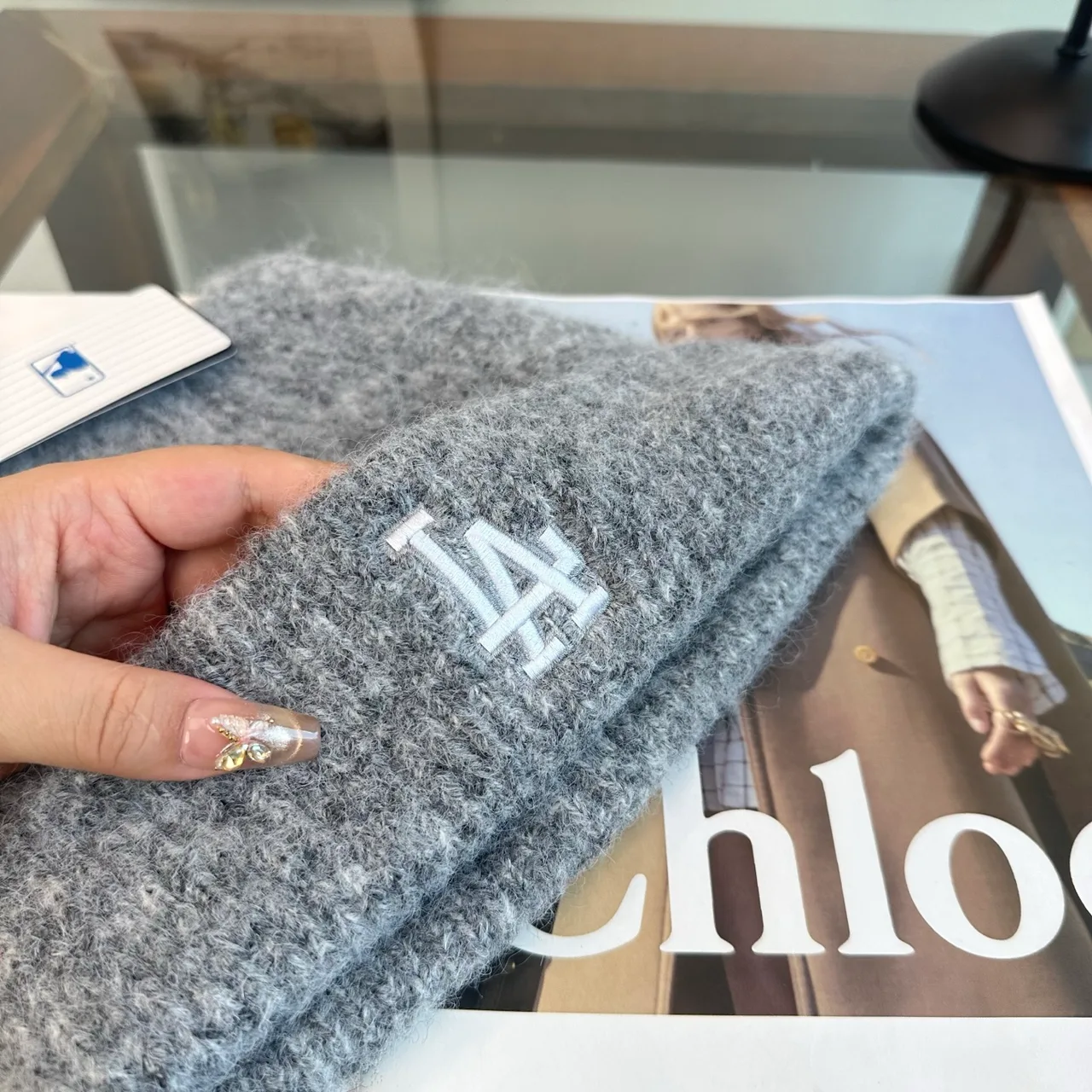 LA Letter Fuzzy Knit Beanie in Grey · view 8