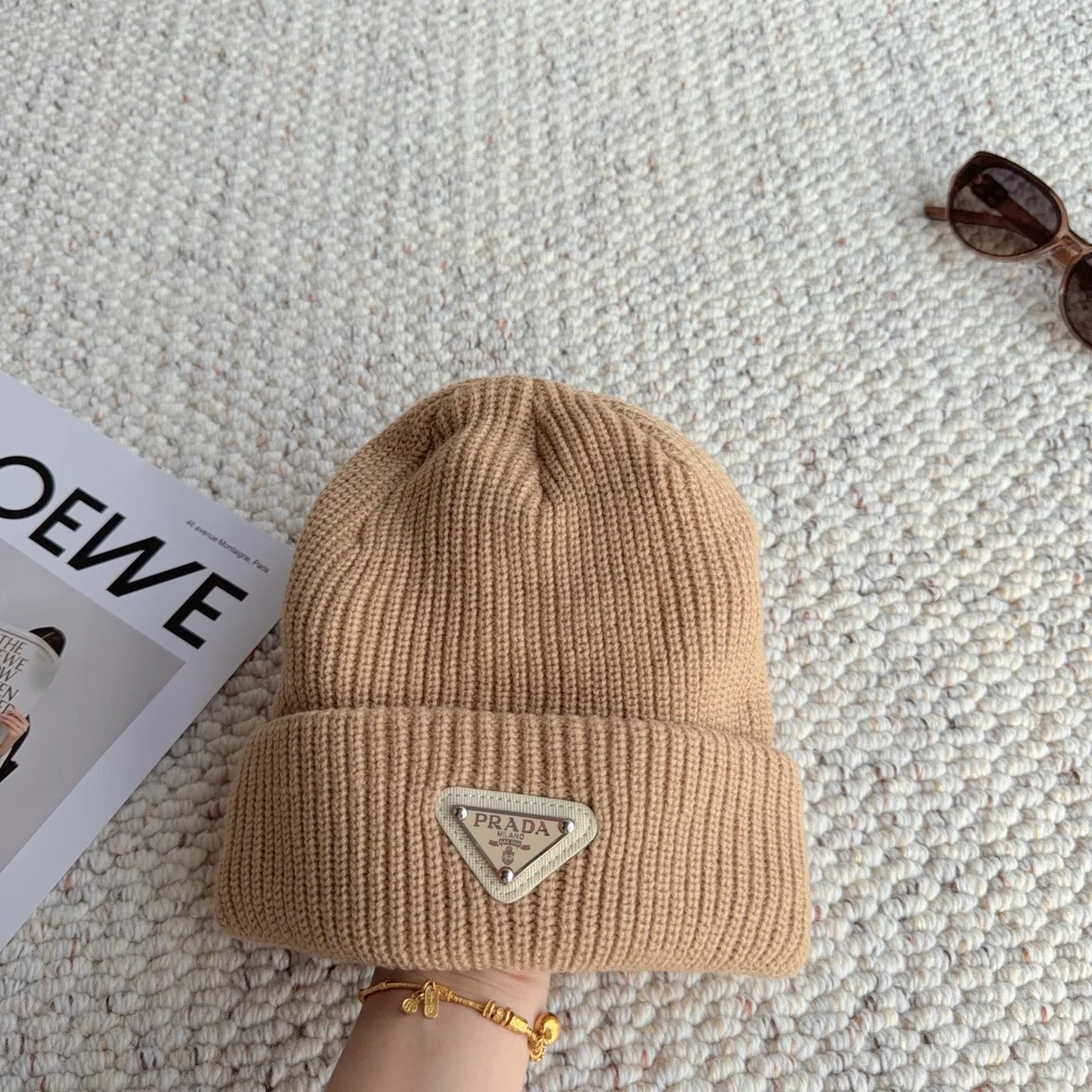 Prada Ribbed Beanie in Beige · view 1