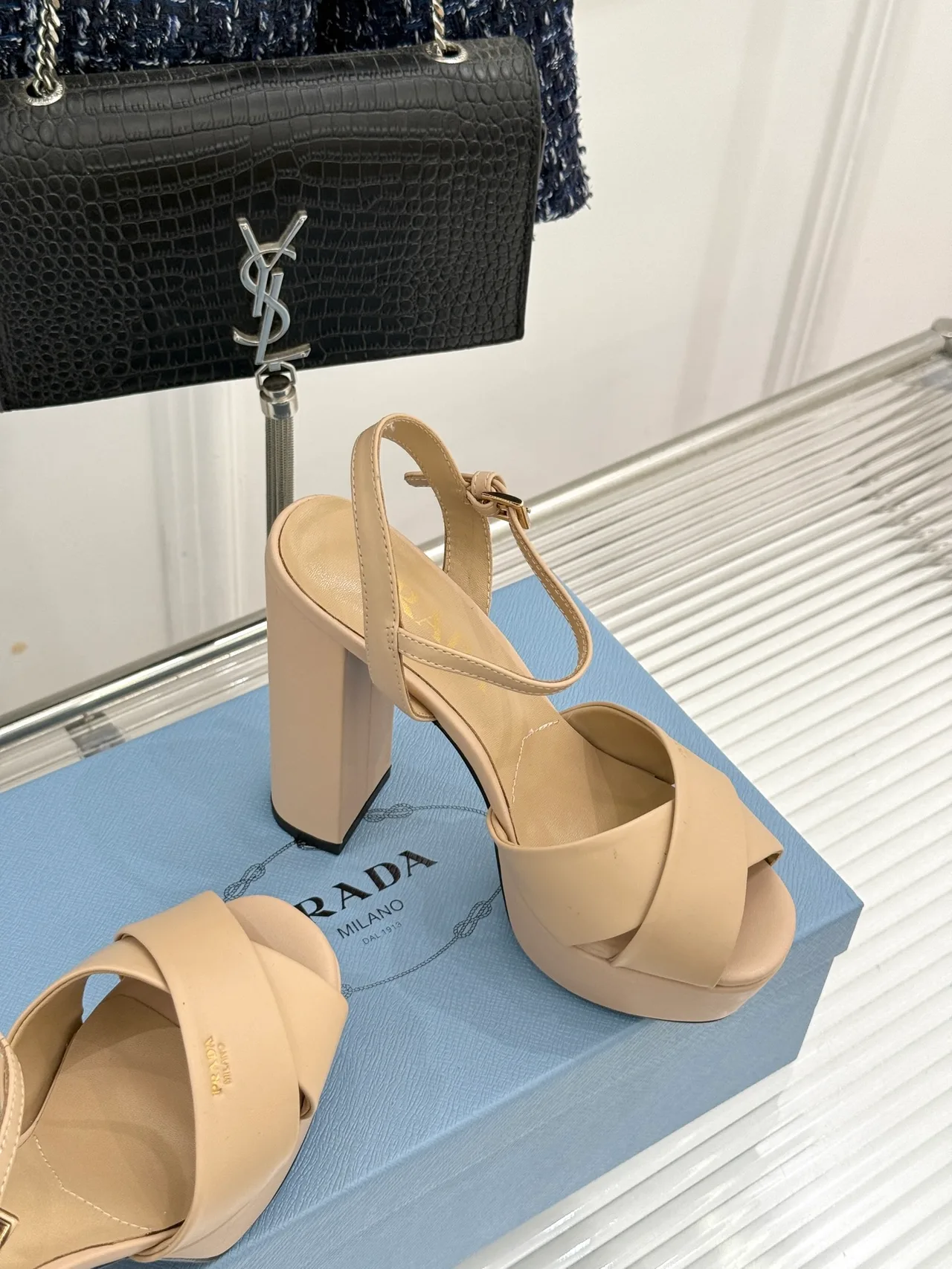 Prada Denim Sandals in Beige · view 5