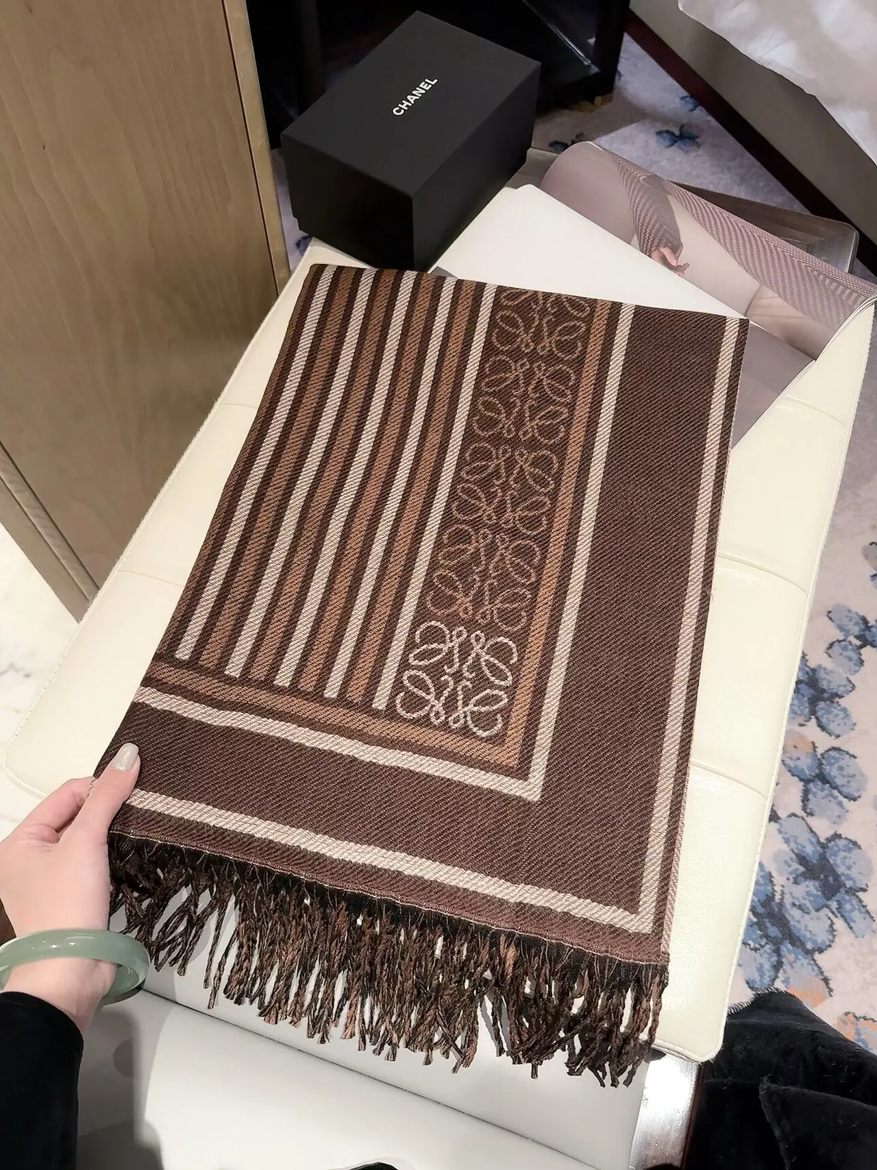 Loewe Striped Anagram fringed scarf in Beige & Brown · view 2
