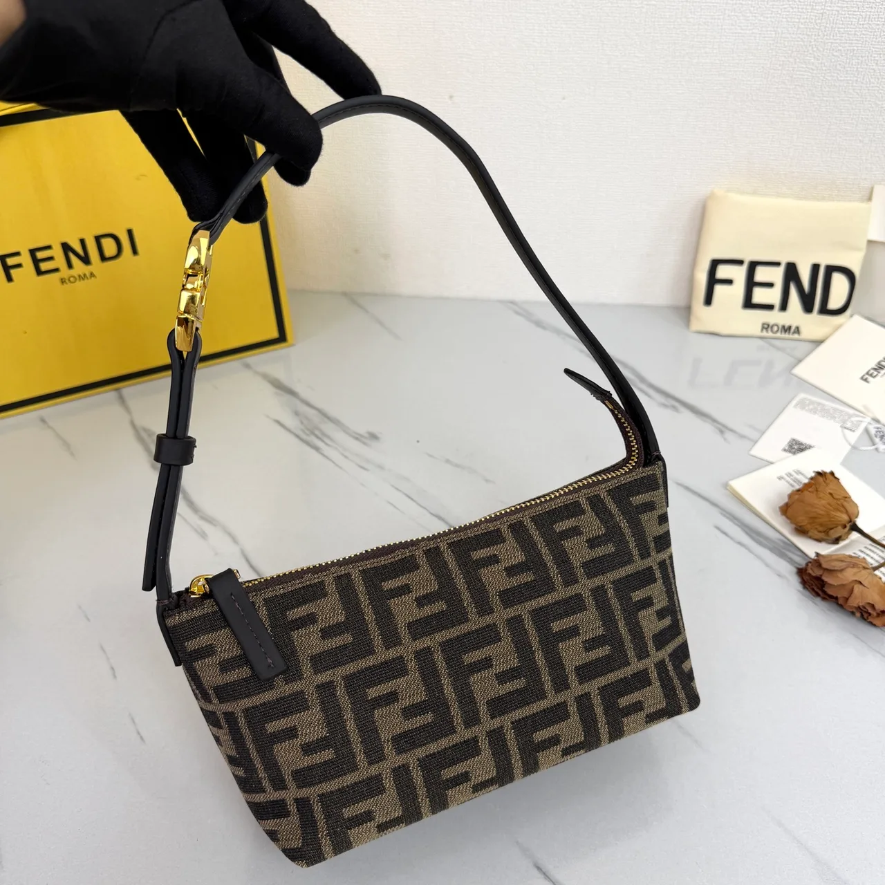 Fendi Baguette Cowhide FF-Monogram Open-Top Shoulder Bag in Brown · view 3