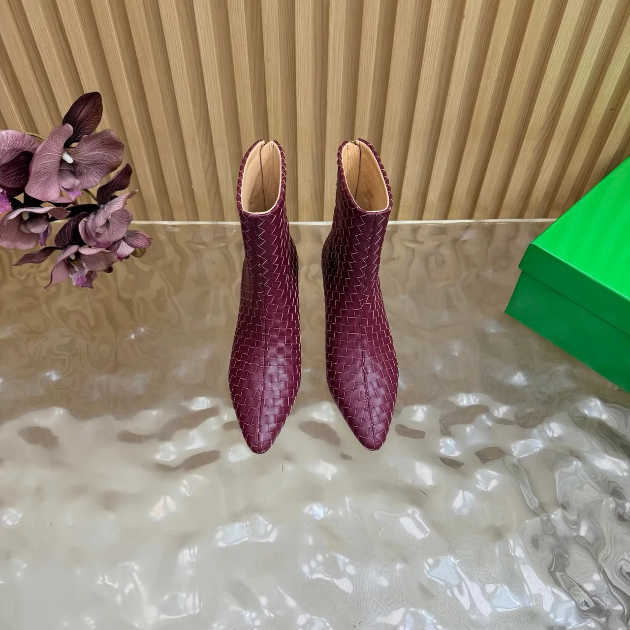 Bottega Veneta Woven Glossy Pointed-Toe Ankle Boots in Burgundy · view 4