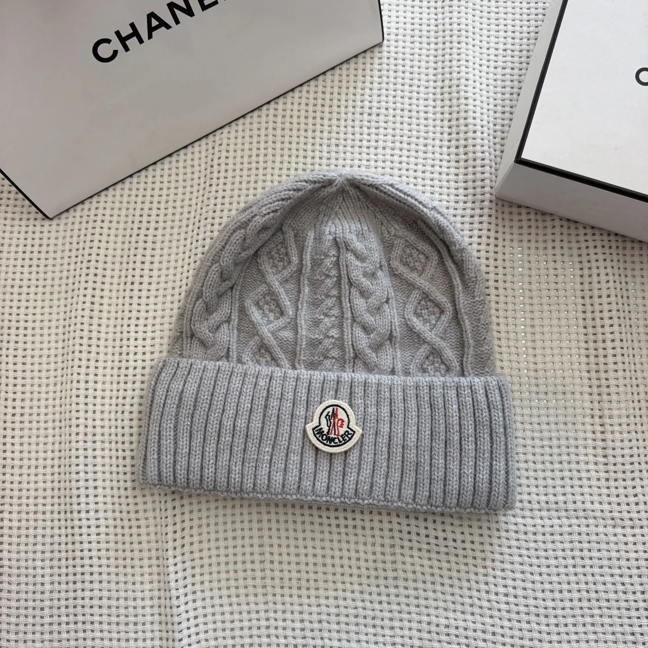 Moncler Cable-knit logo beanie in Burgundy & Black & White & Cream & Grey & Tan · view 6