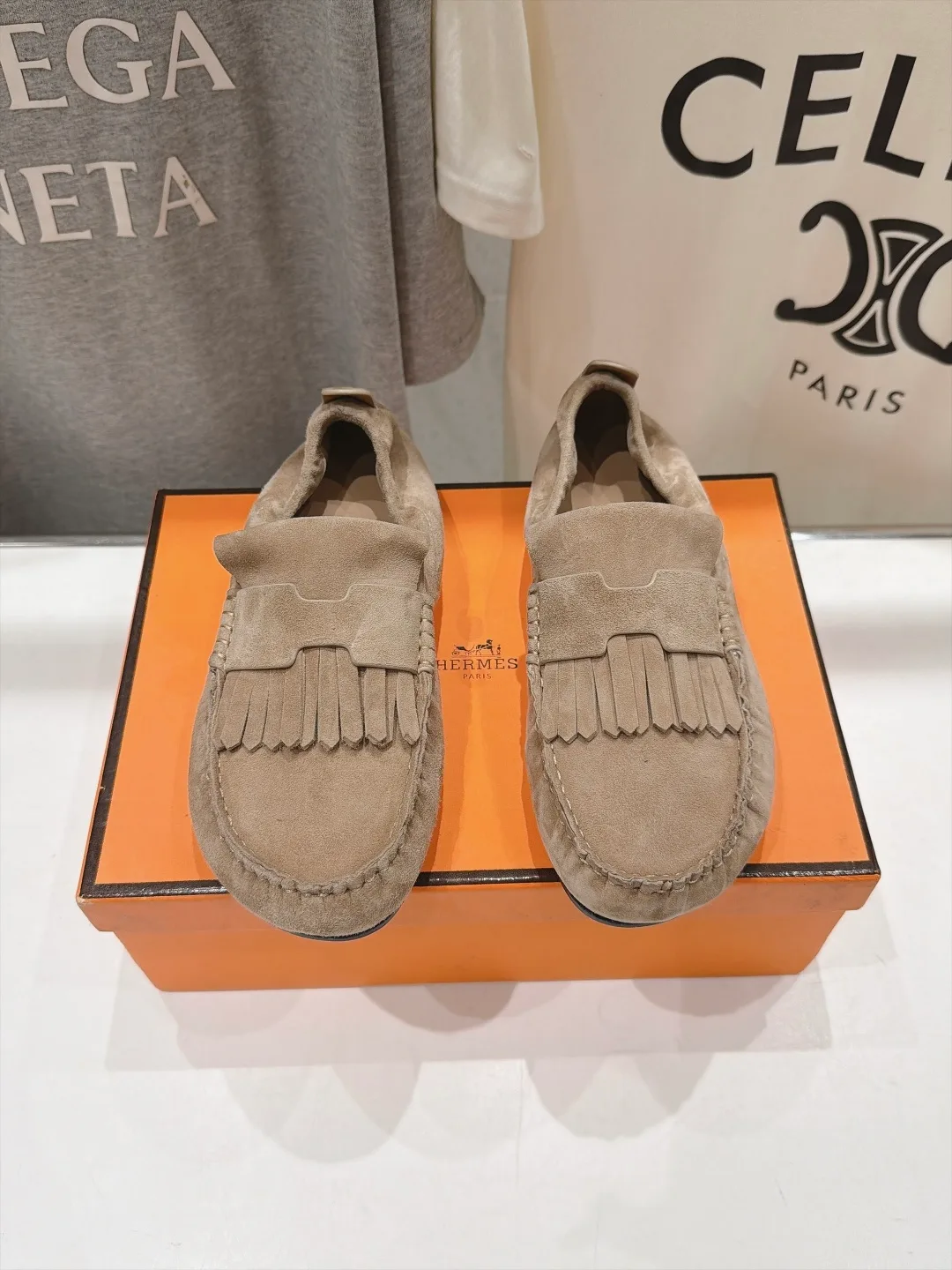 Celine Suede-Look Round-Toe Fringed Loafers in Beige · view 1