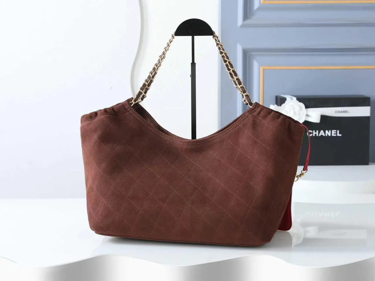 Chanel Quilted Suede-Look Hobo Bag in Brown · view 3