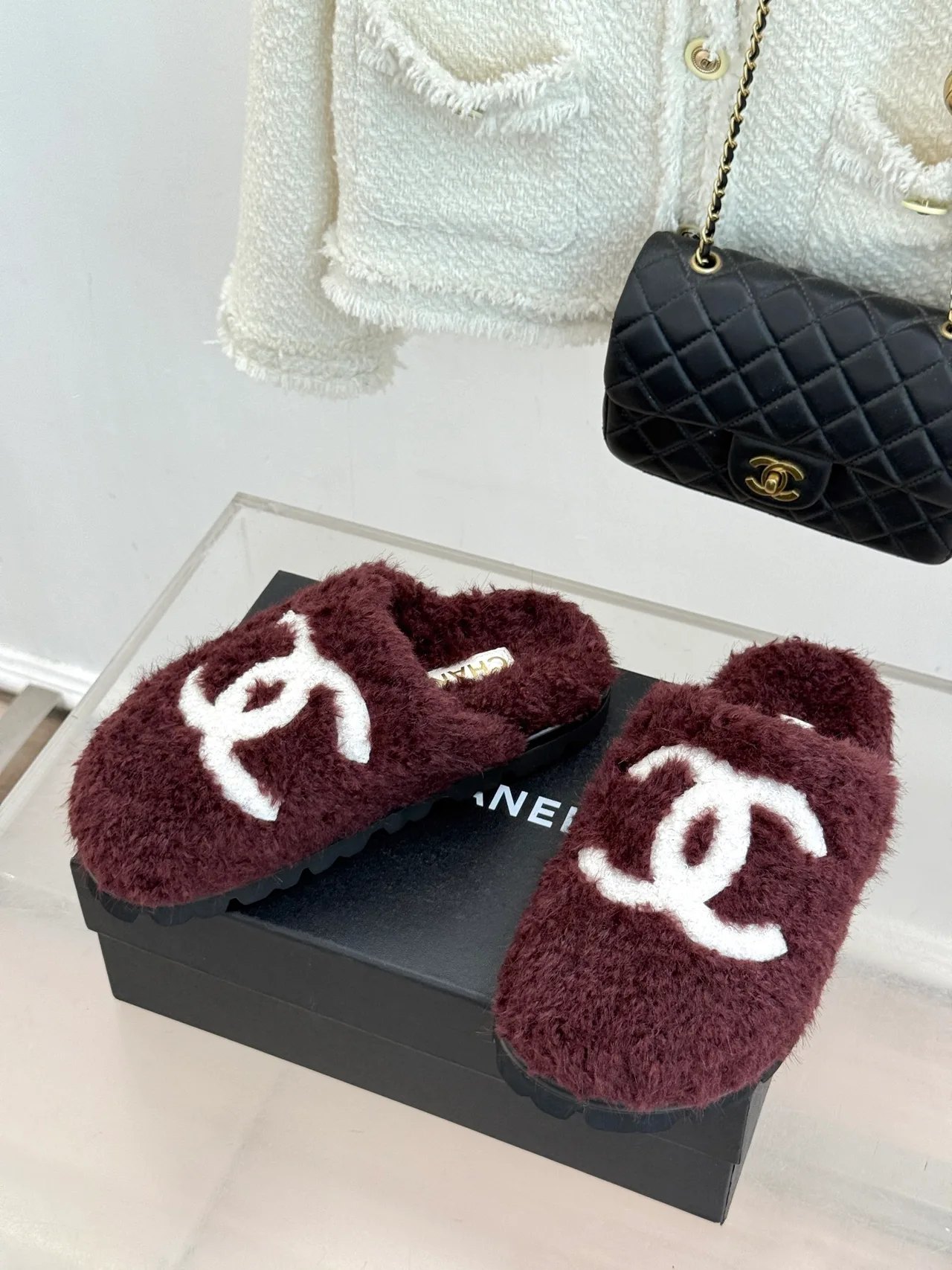 Chanel Denim Slippers in Burgundy · view 2
