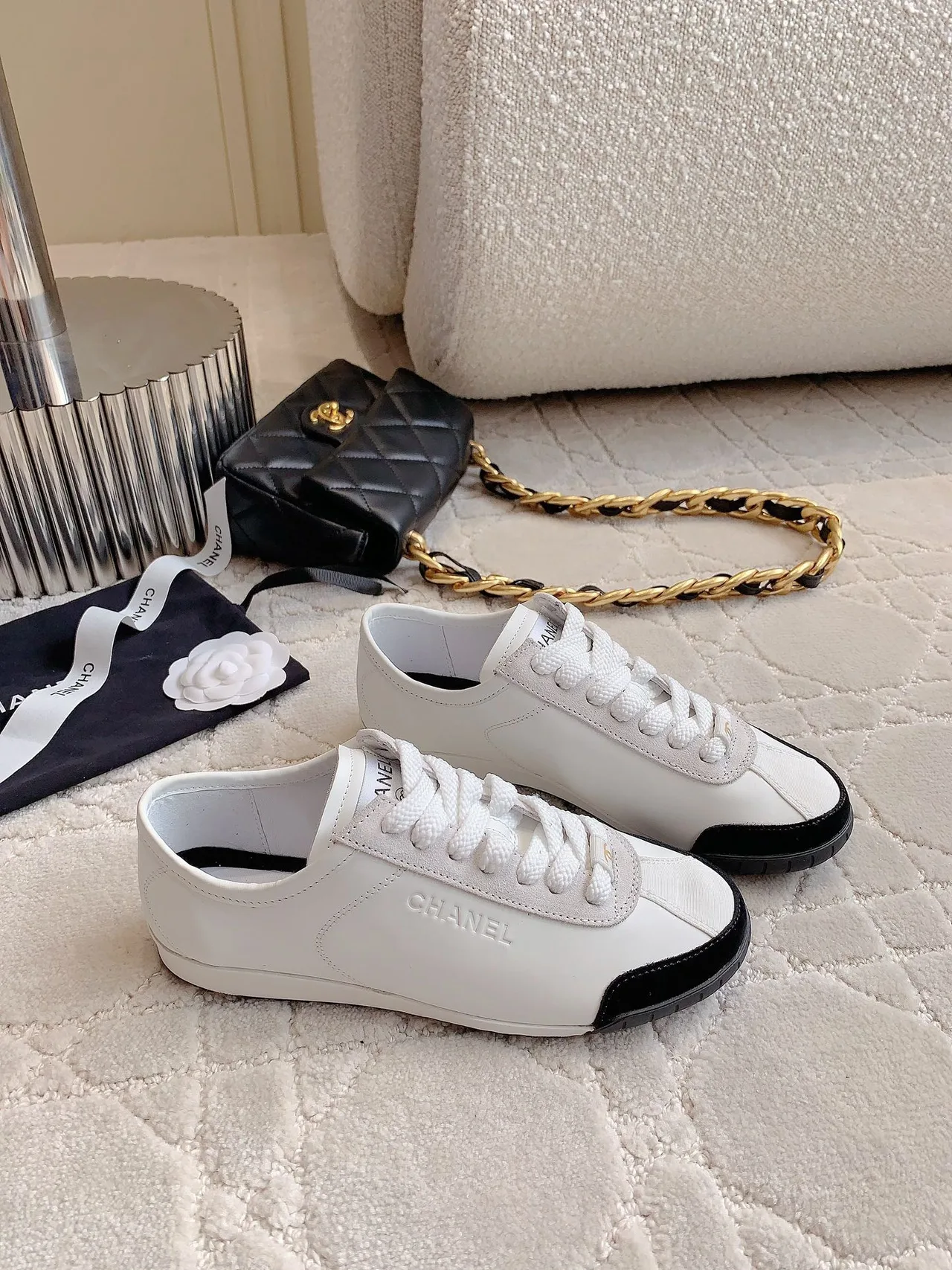 Chanel Cowhide Glossy Sneakers in White · view 5