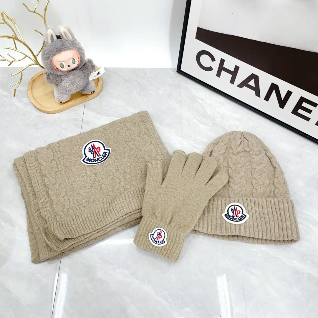 Moncler Wool Hat Scarf and Gloves Set in Beige · view 1
