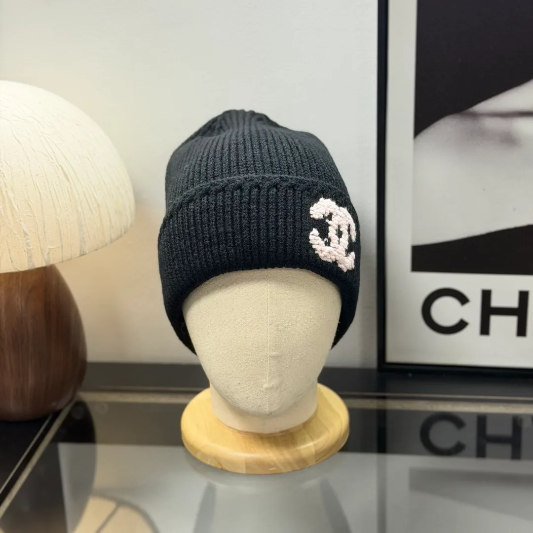 Chanel CC Knit Beanie in Black & Grey & Pink · view 3