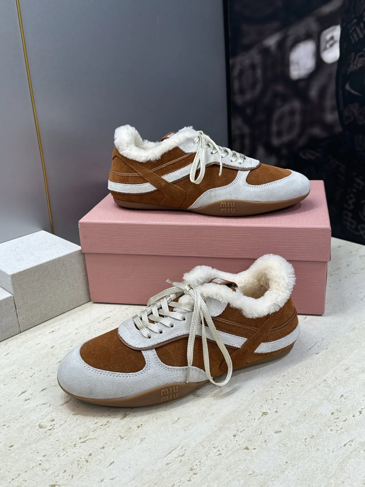 Miu Miu Striped Suede-Look Round-Toe Sneakers in Brown · view 4