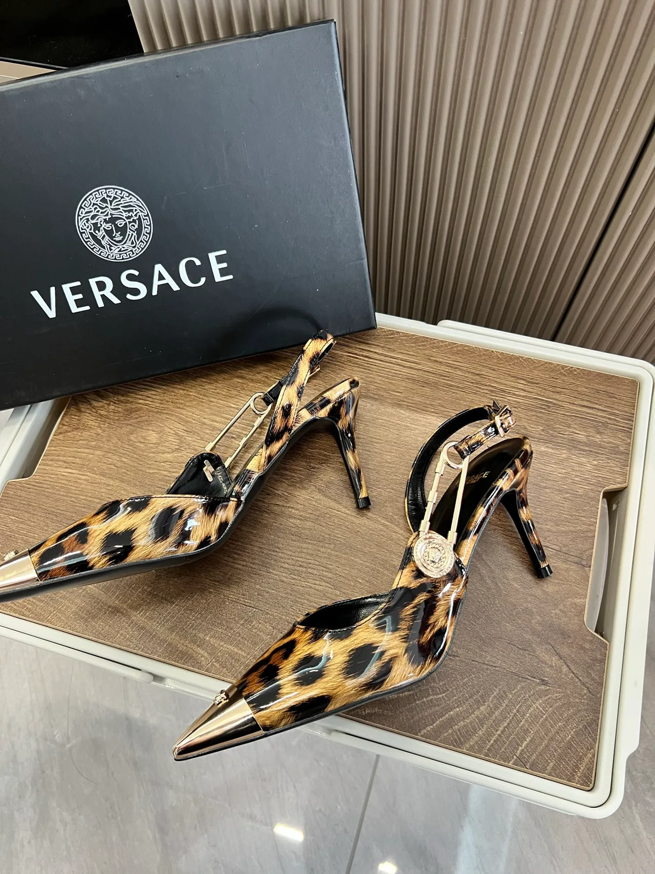 Versace Pointed-Toe Leopard-Print Slingback Pumps in Brown · view 3