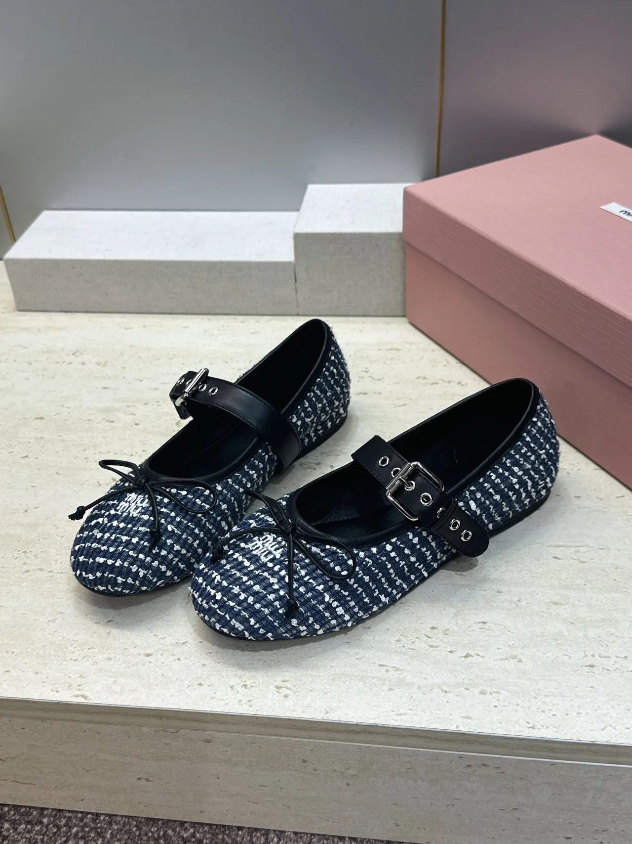 Miu Miu Calfskin Round-Toe Mary Jane Flats in Blue · view 3