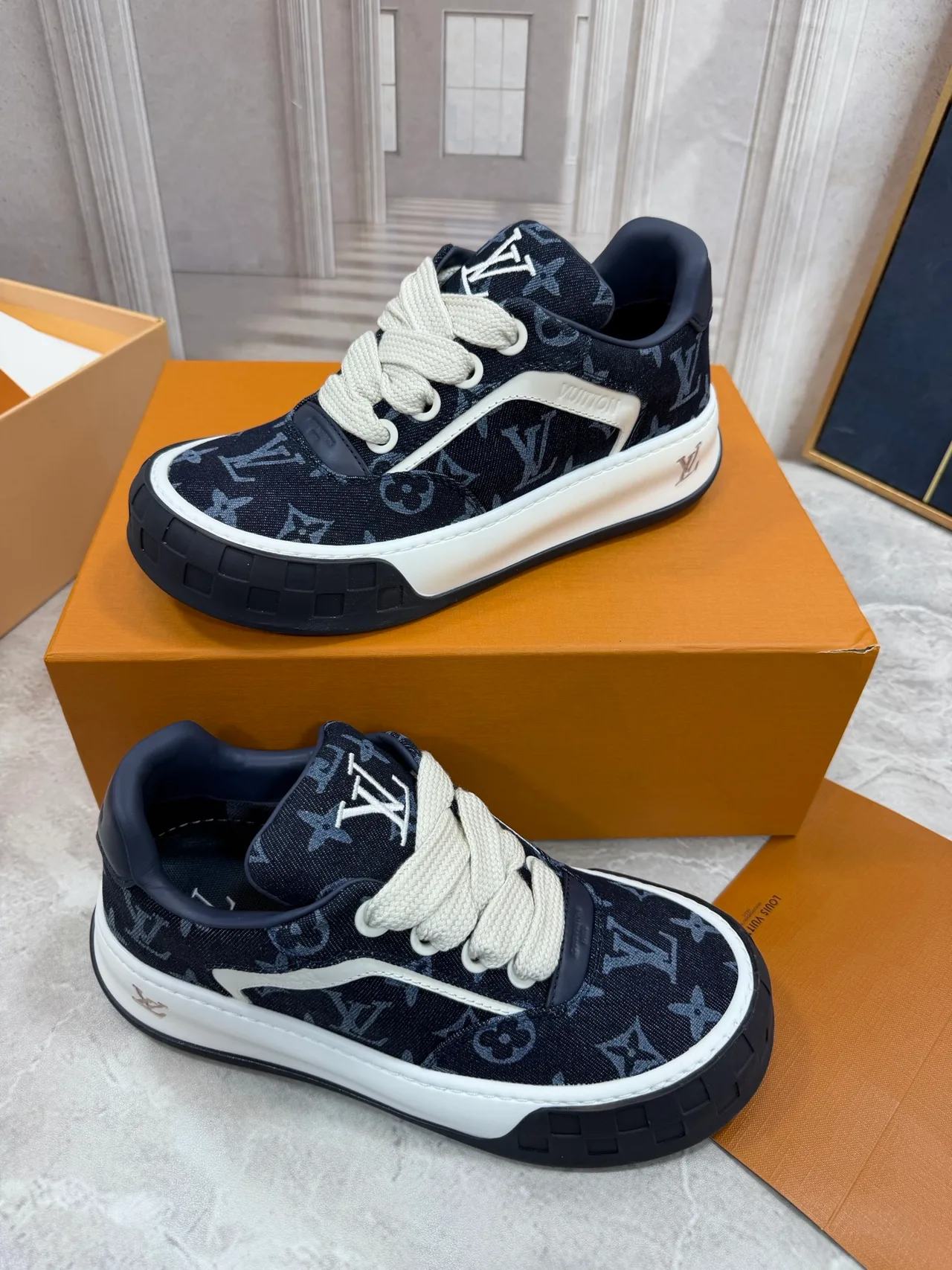 Louis Vuitton Leather Monogram Low-Top Sneakers in Blue · view 3