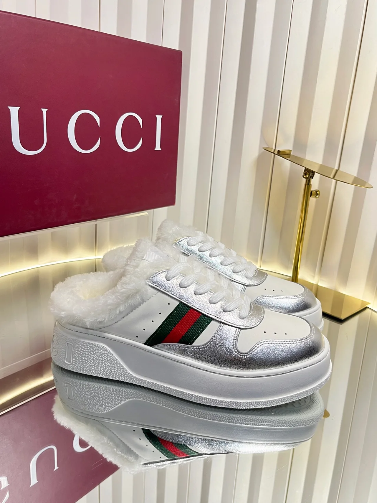 Gucci Wool Striped Lined Sneakers in White · view 1