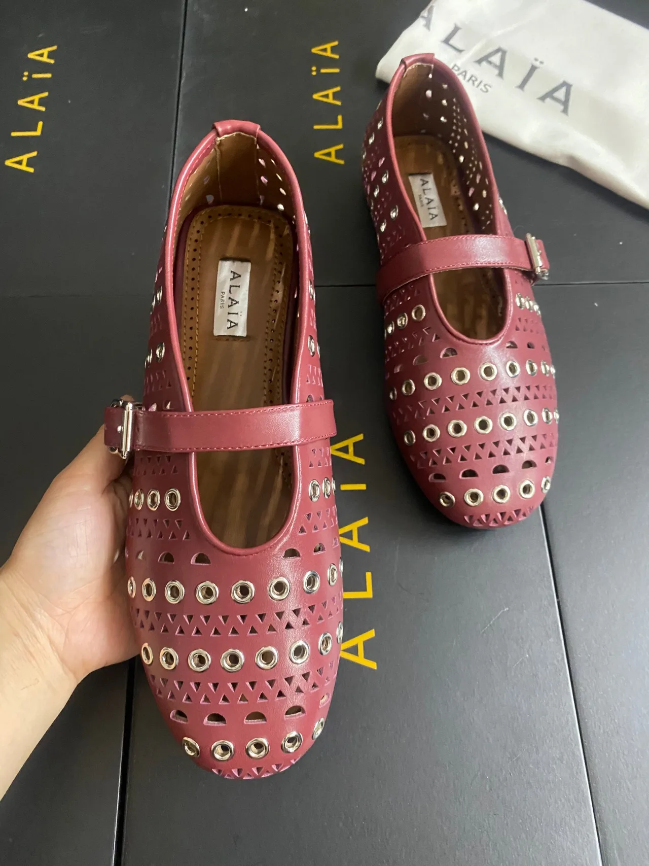 Alaia Cowhide Sheepskin Studded Mary Jane Flats in Burgundy · view 5