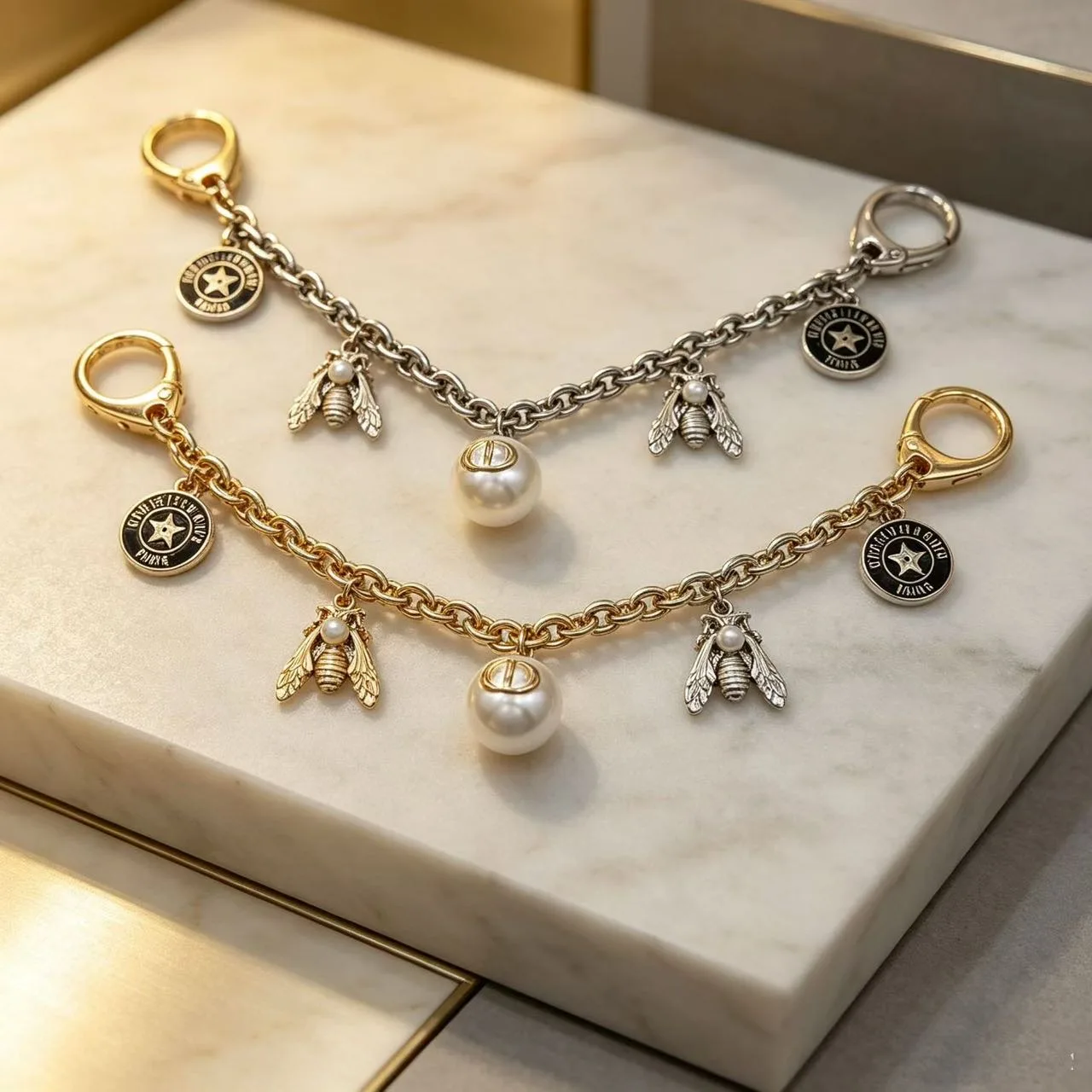 Dior Butterfly Pearl Bag Chain Charm in Silver & Gold · view 1