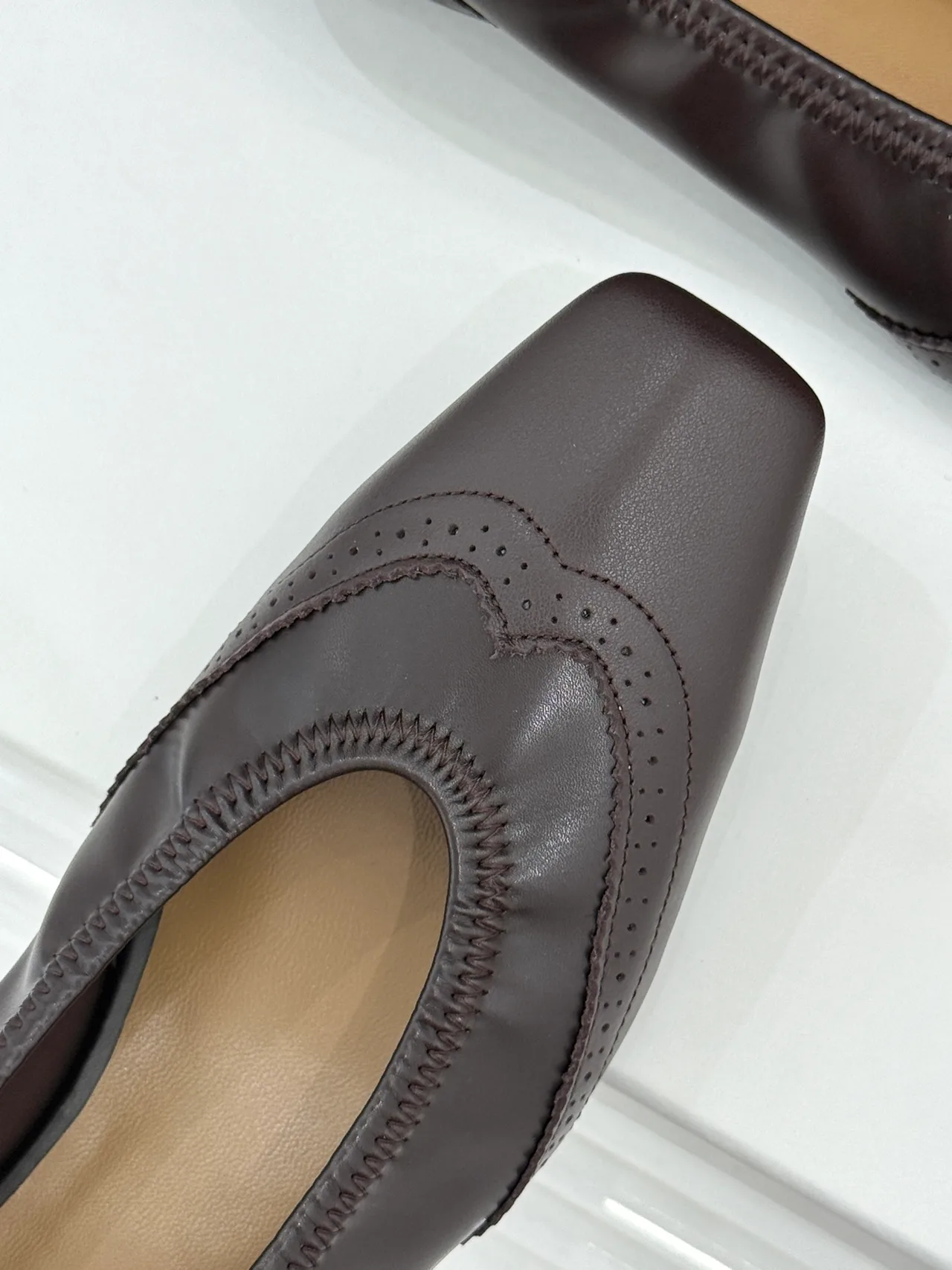 YOEYYOU Lambskin Denim Smooth Square-Toe Pumps in Brown · view 7