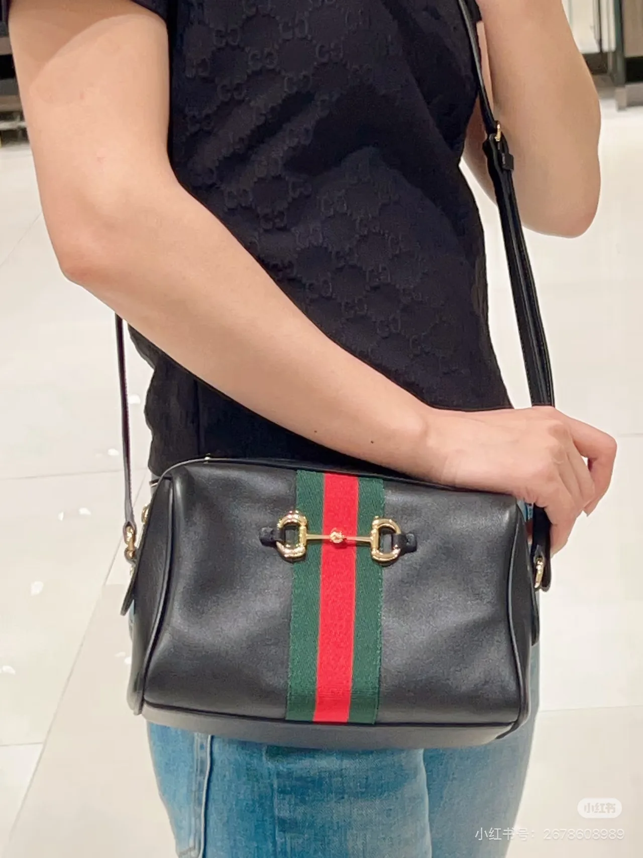 Gucci Boston Horsebit Web Camera Bag in Black & Beige · view 3