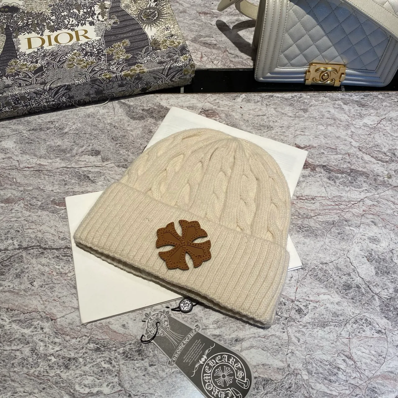 Chrome Hearts Cross Cable-Knit Beanie in Pink & White & Grey & Black & Blue & Red & Brown · view 8