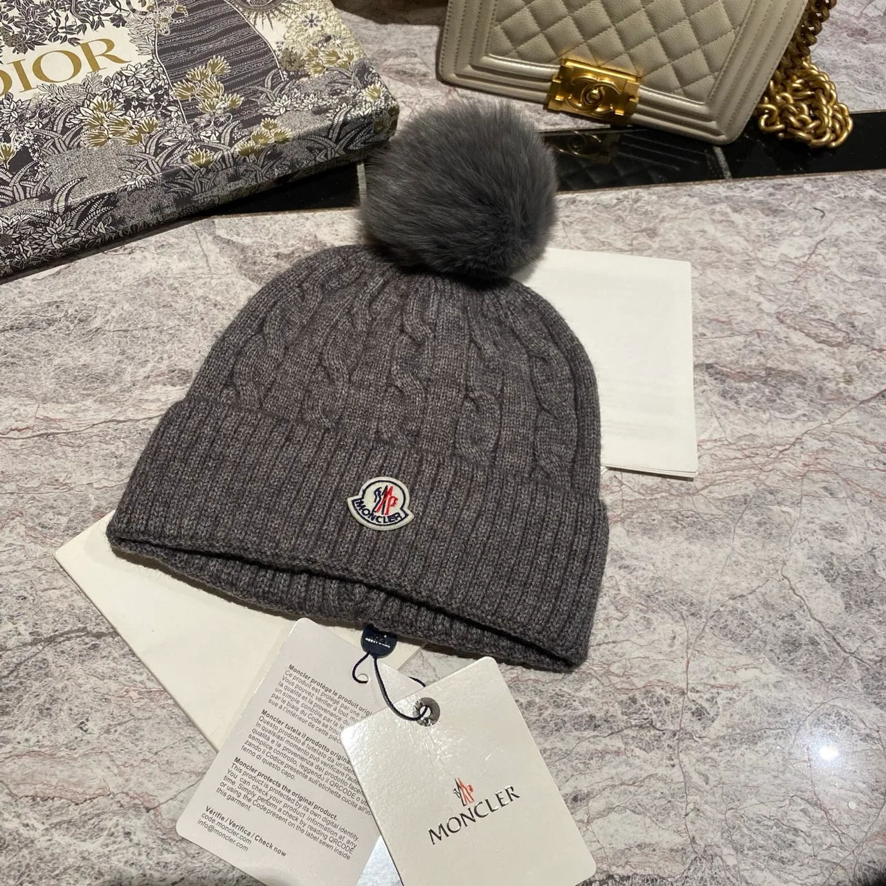 Moncler Pom-Pom Beanie in Black & White & Grey & Tan & Blue & Burgundy & Cream & Pink · view 3