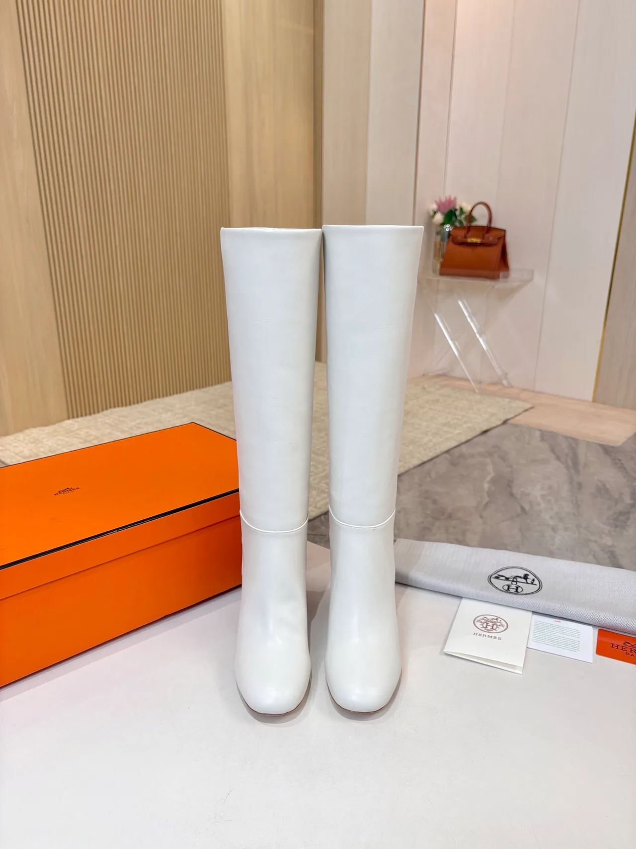 Hermes Cowhide Glossy Knee-High Boots in White · view 3