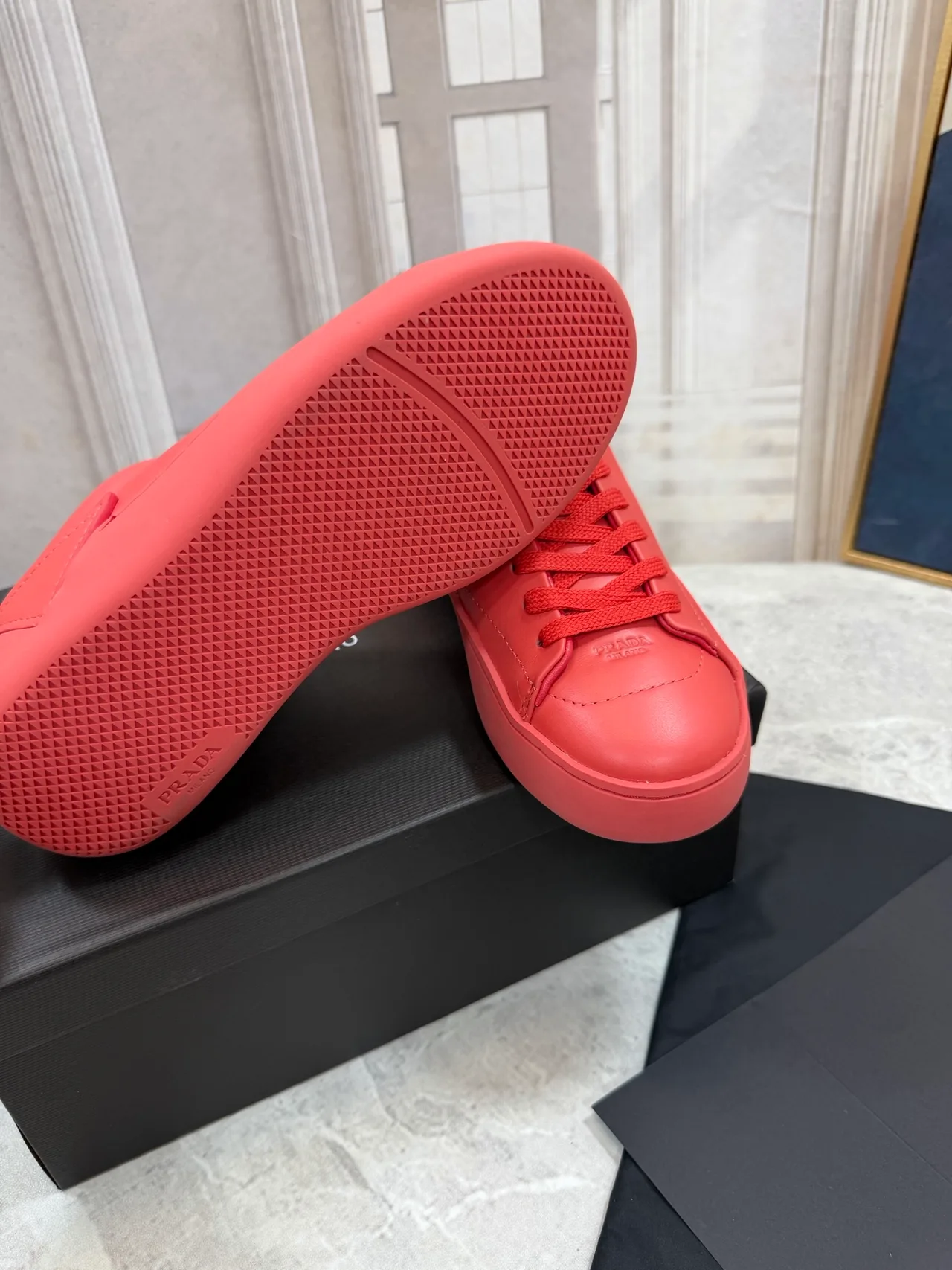 Prada Cowhide Round-Toe Low-Top Sneakers in Red · view 8