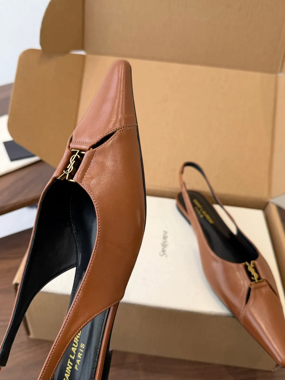 Saint Laurent Sheepskin Pointed-Toe Slingback Shoes in Brown · view 6