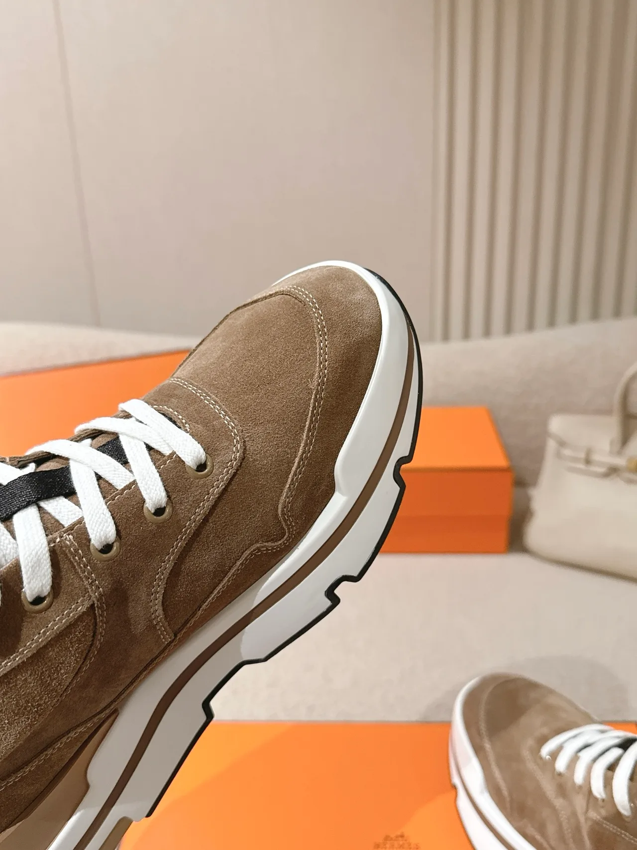 Hermes Calfskin Suede-Look Sneakers in Brown · view 6