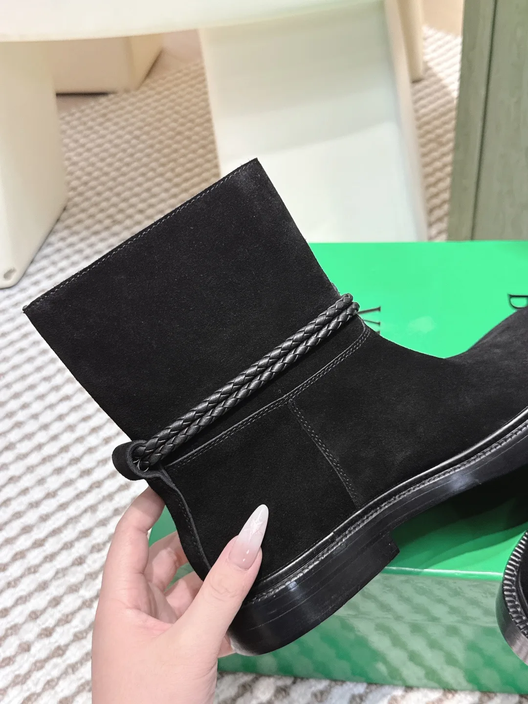Bottega Veneta Calfskin Woven Glossy Ankle Boots in Black · view 8