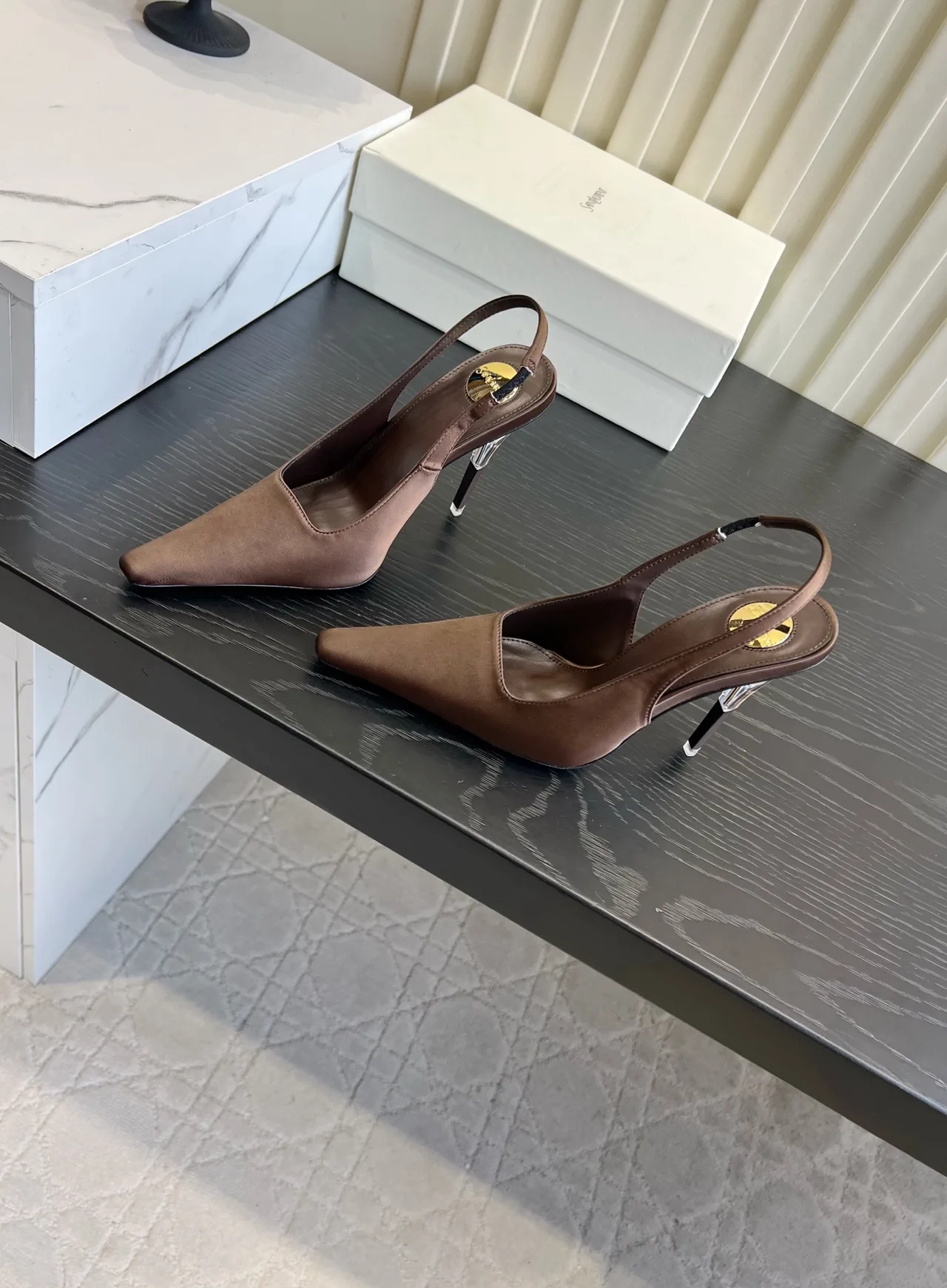 Saint Laurent Cowhide Silk Pointed-Toe Pointed Slingback Pumps in Brown · view 2