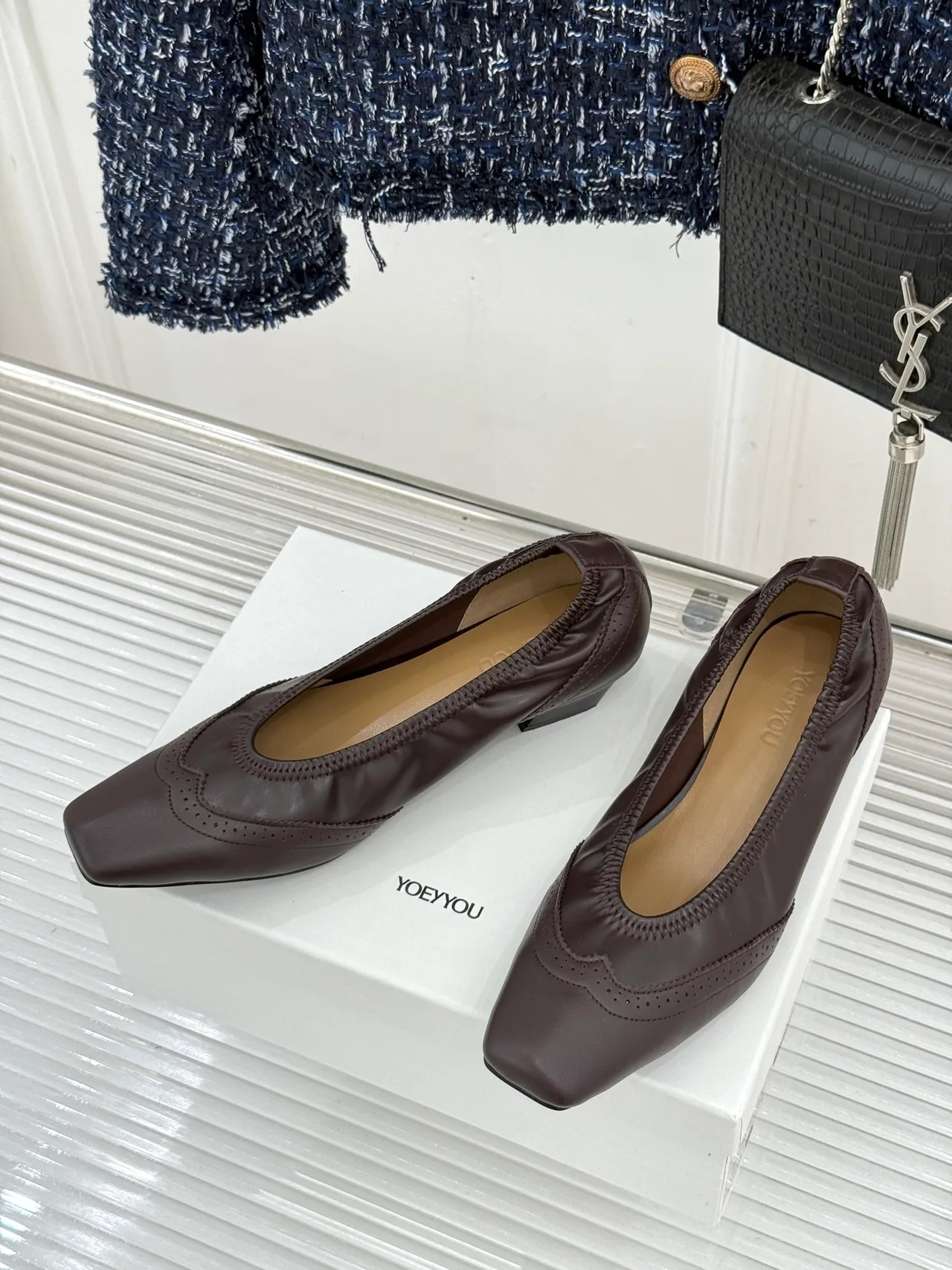 YOEYYOU Lambskin Denim Smooth Square-Toe Pumps in Brown · view 2