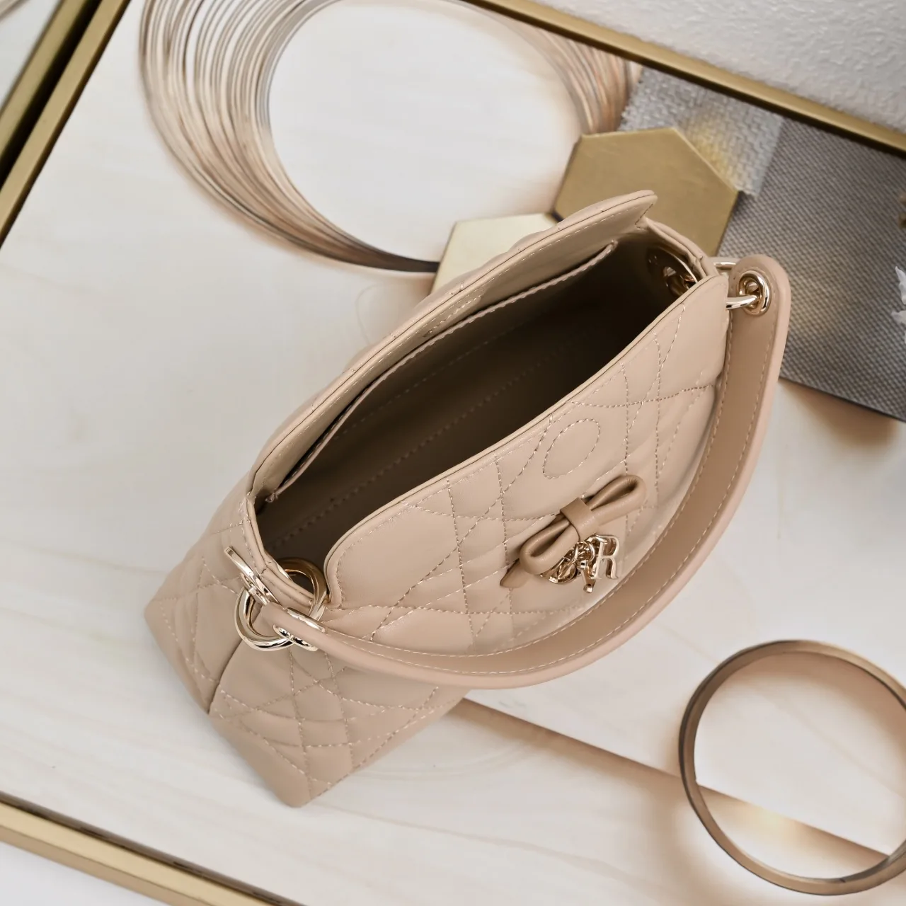 Dior Sheepskin Quilted Bow Top-Handle Bag in Beige · view 8