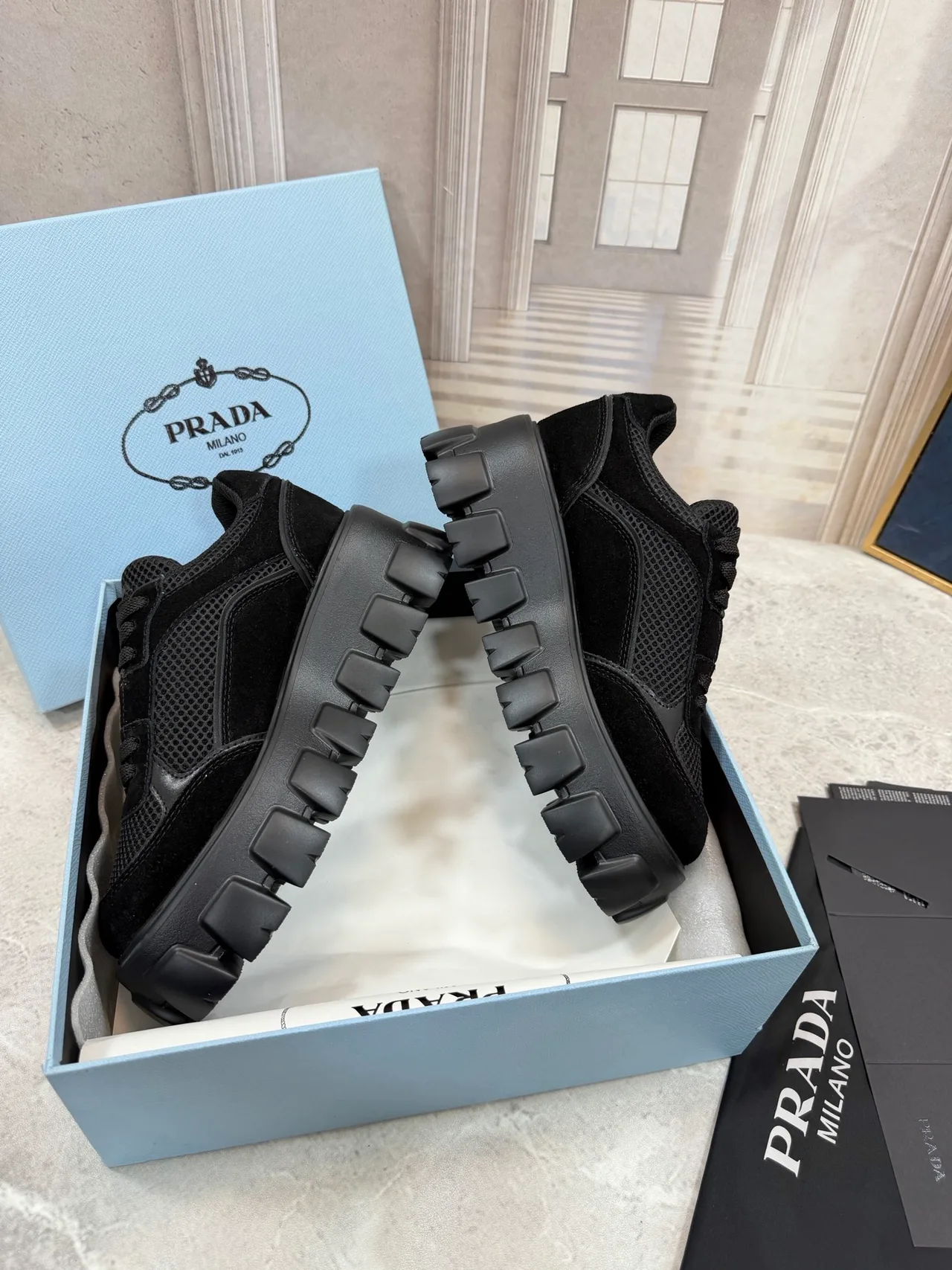 Prada Ribbed Lace-Up Sneakers in Black · view 4