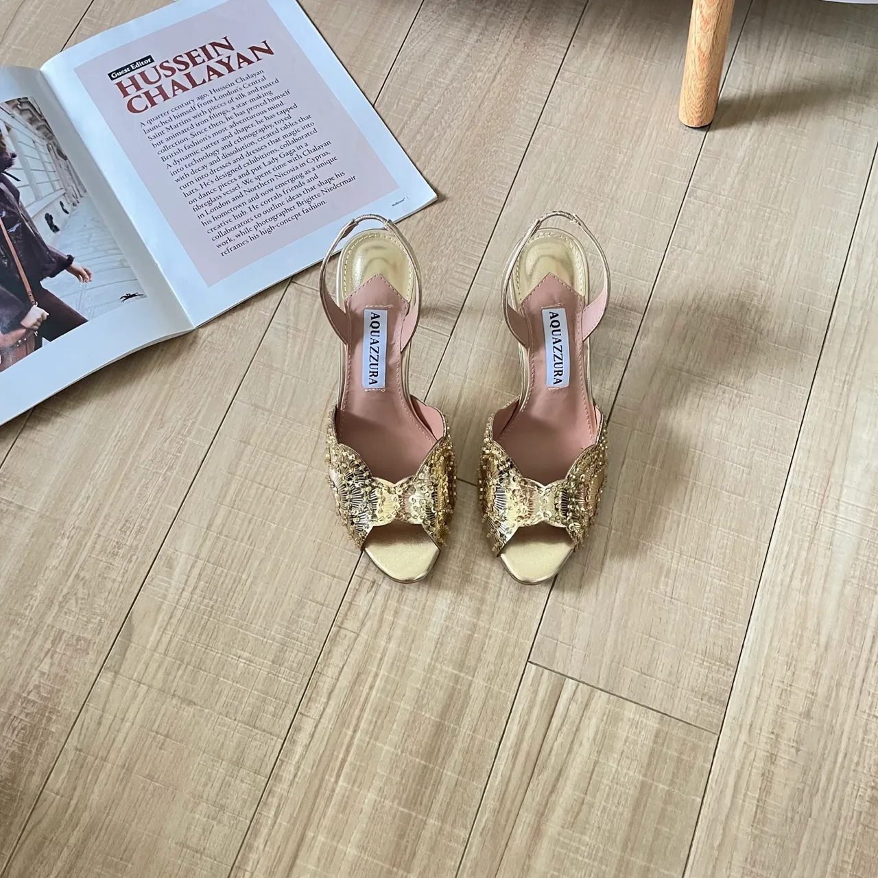 Aquazzura Sheepskin Square-Toe Sandals in Gold · view 1