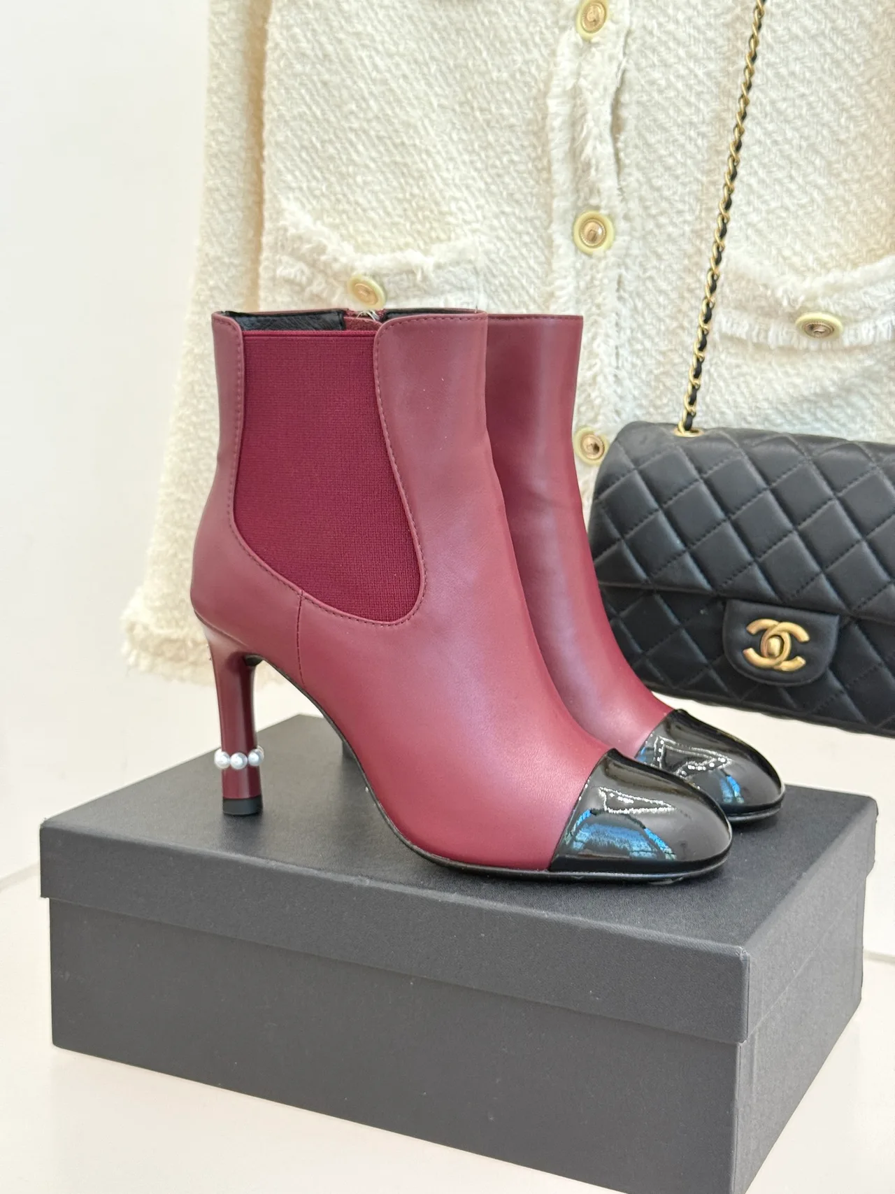 Chanel Lambskin Glossy Pointed-Toe Round-Toe Ankle Boots in Burgundy · view 2
