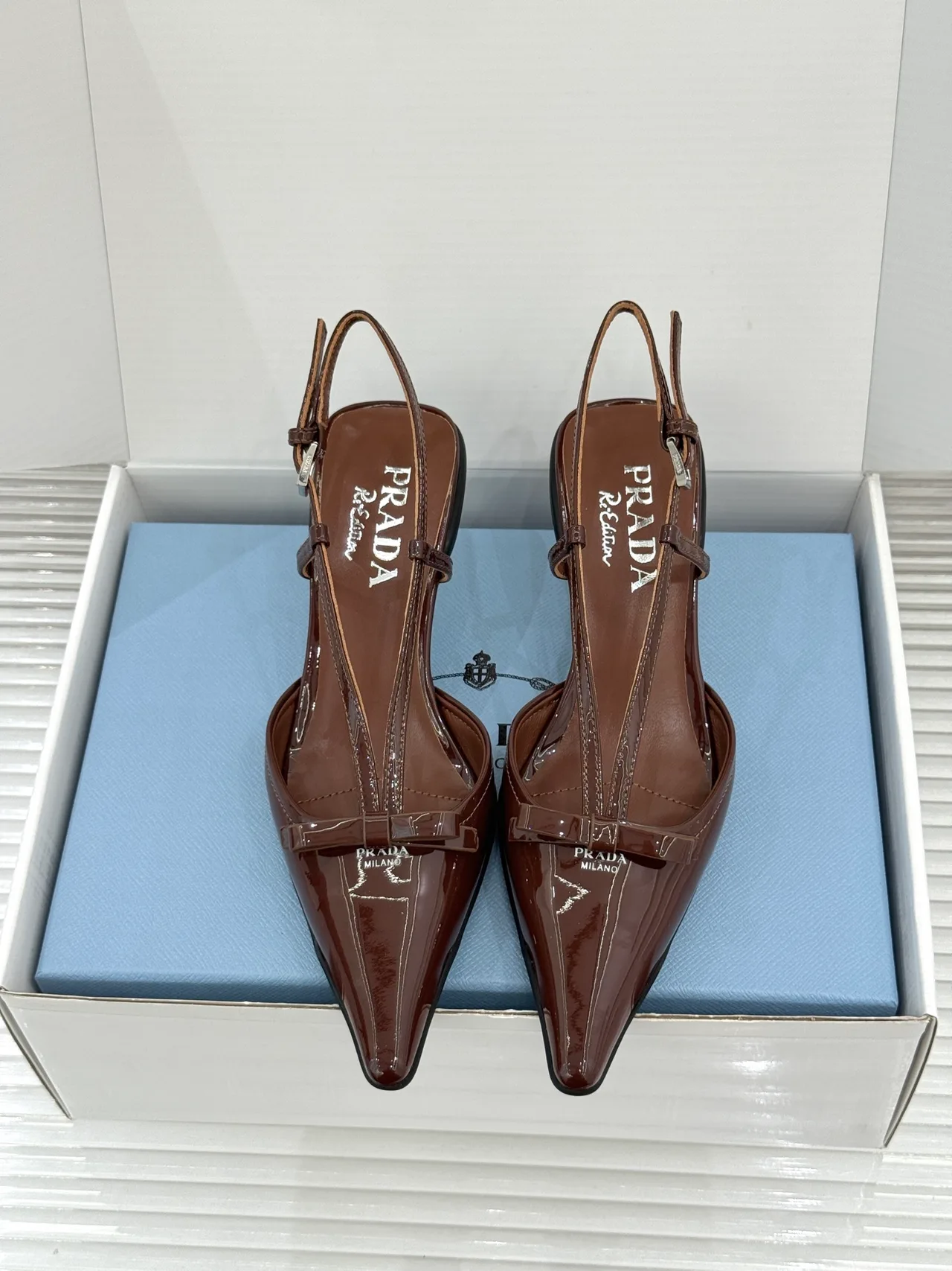 Prada Lambskin Slingback Pumps in Brown · view 4