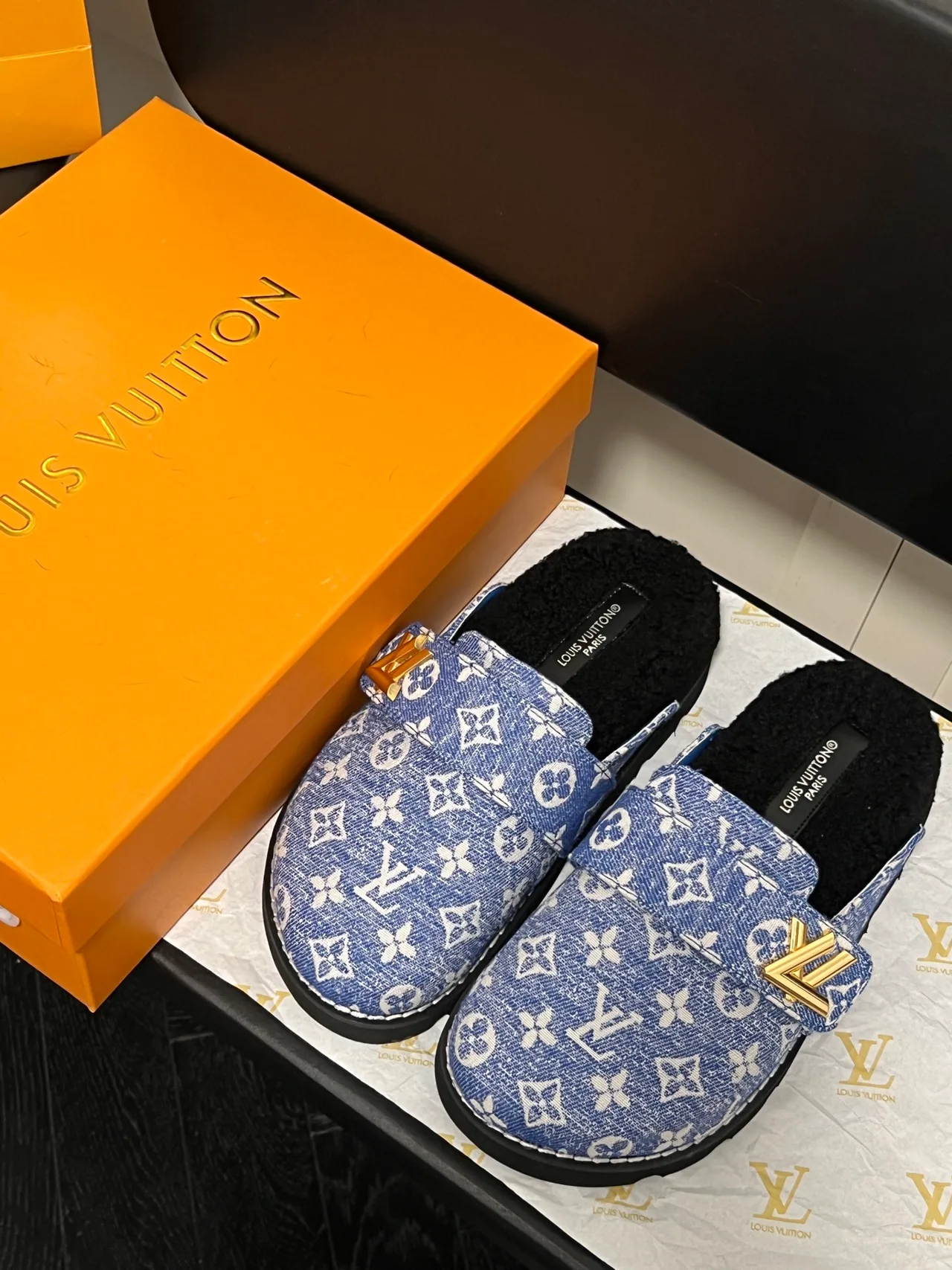 Louis Vuitton Monogram Lace-Up Buckle Slippers in Blue · view 4