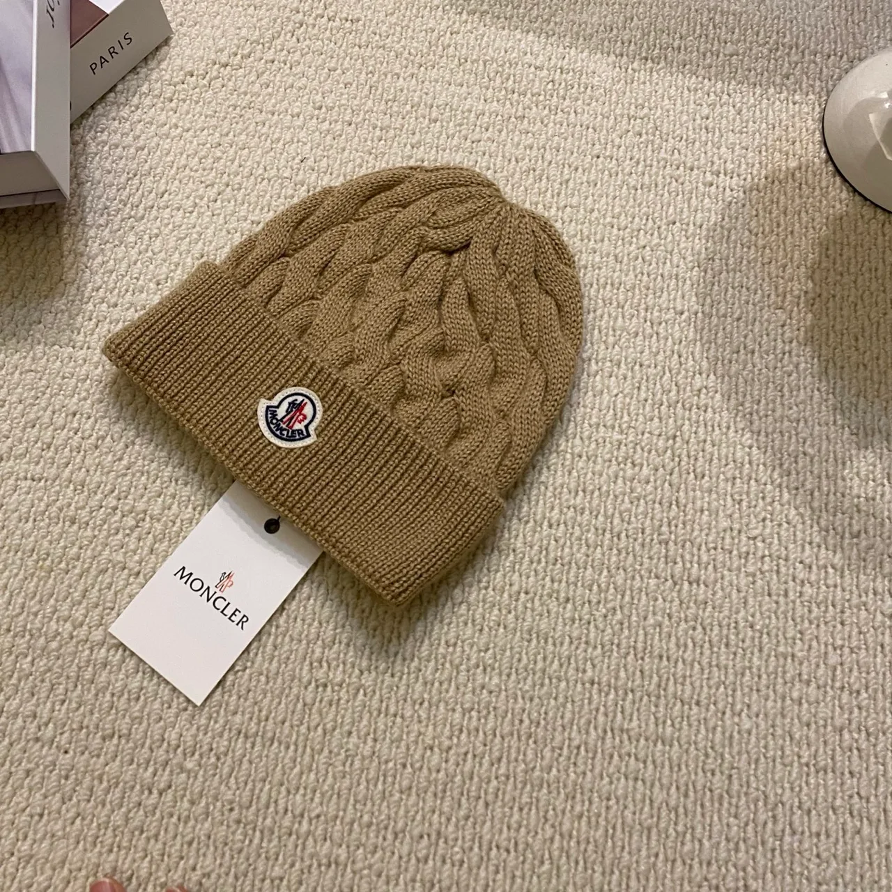 Moncler Beanie in White & Black & Grey & Tan · view 4