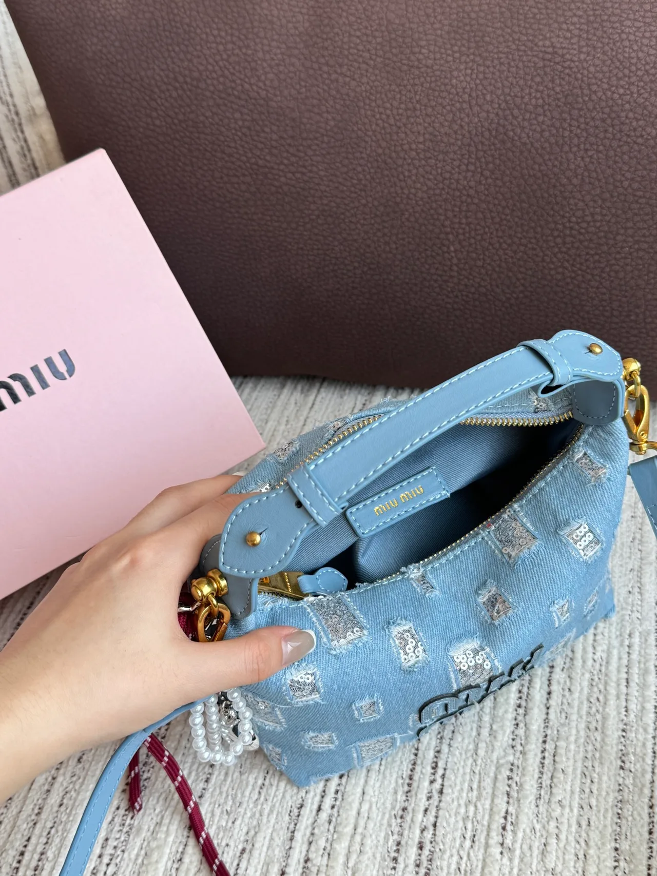 Miu Miu Canvas Denim-Look Sequin-Detail Vanity Bag in Blue · view 8