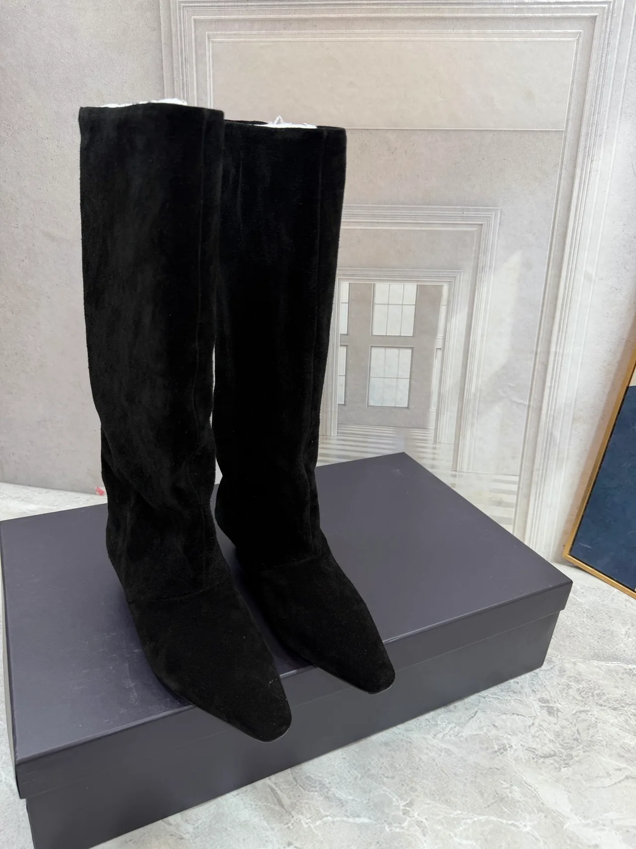 Suede-Look Pointed-Toe Knee-High Block-Heel Boots in Black · view 1