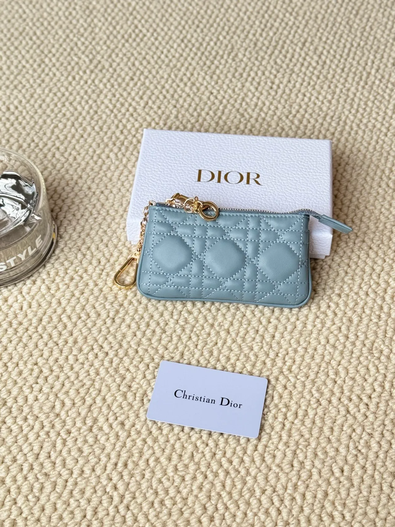 Dior Lambskin Quilted Glossy Zip Key Pouch in Blue · view 1