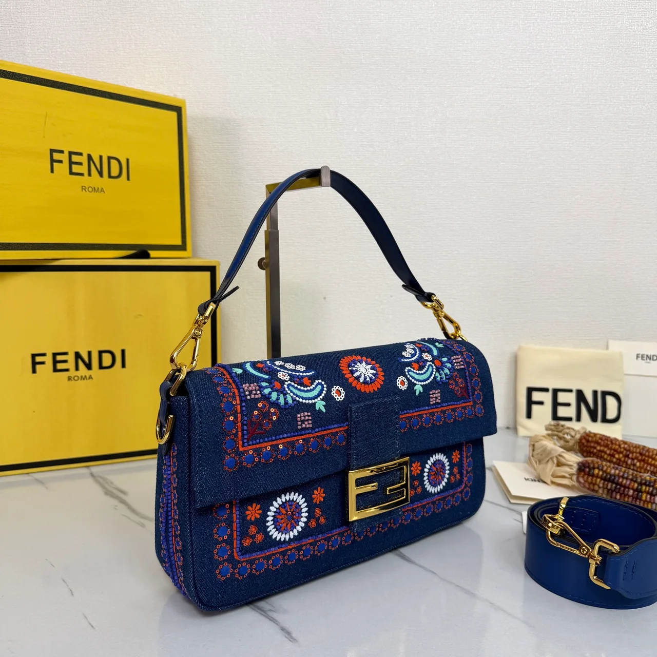 Fendi Baguette Embroidered Floral Flap Shoulder Bag in Blue · view 2