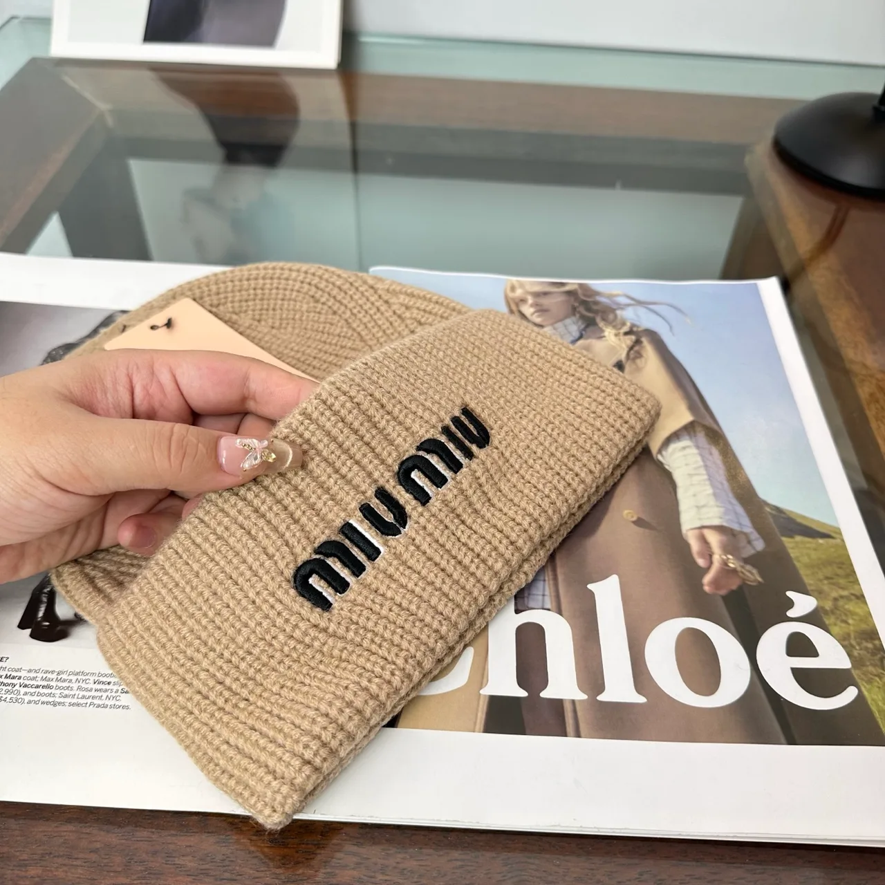Miu Miu Ribbed Embroidered Beanie in Beige · view 7