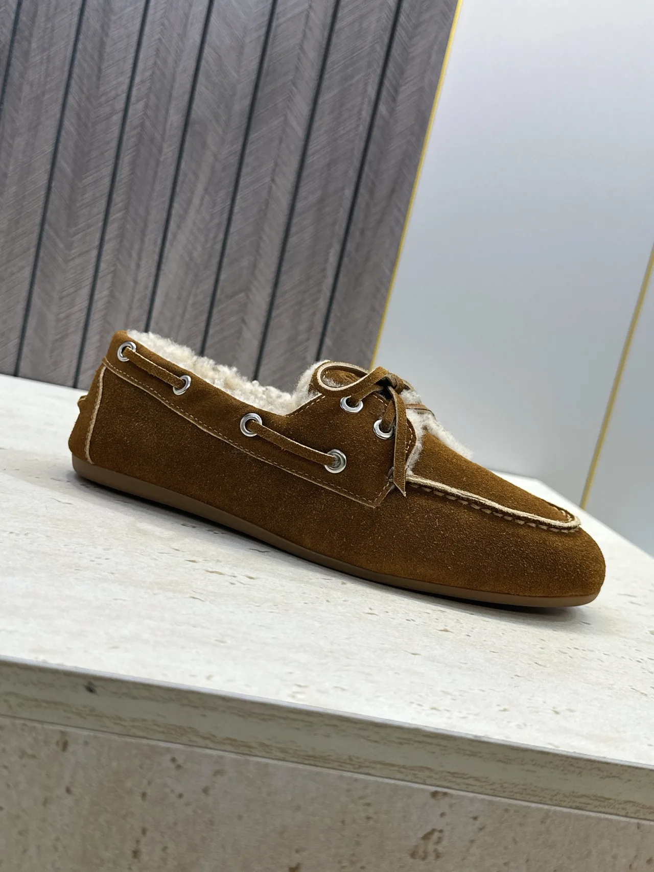 Miu Miu Calfskin Suede-Look Lined Moccasins in Brown · view 6