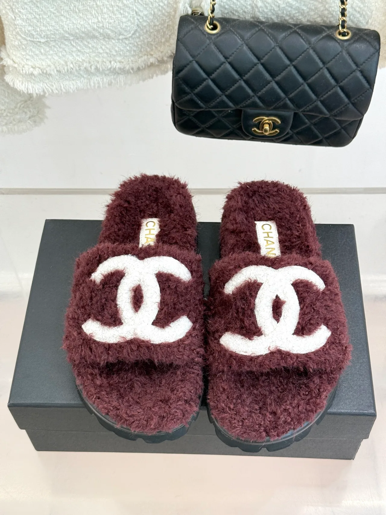 Chanel Denim Slippers in Burgundy · view 1