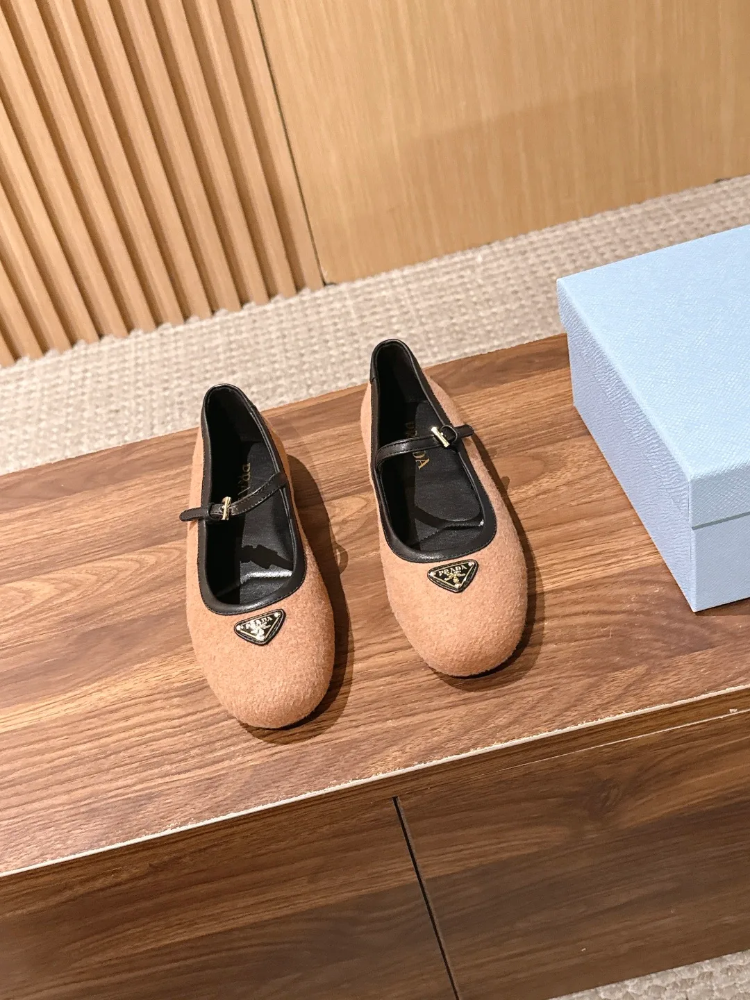 Prada Buckle Mary Jane Flats in Tan · view 1