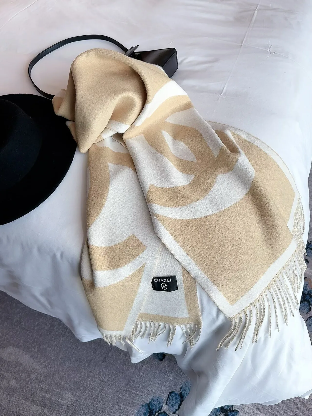 Chanel CC Jacquard Scarf in Beige & Brown · view 1