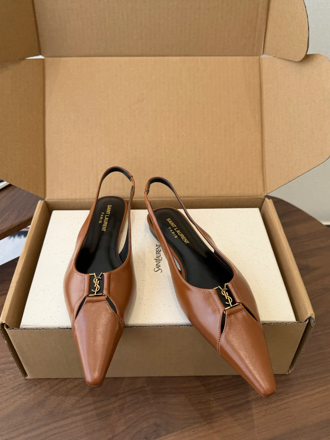 Saint Laurent Sheepskin Pointed-Toe Slingback Shoes in Brown · view 4