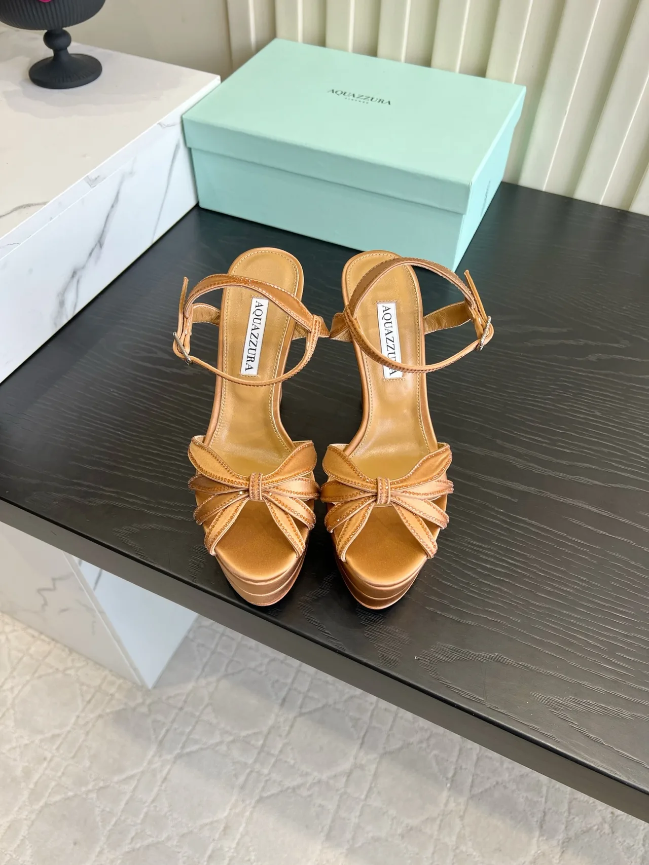 Aquazzura Silk Glossy Buckle Sandals in Tan · view 1