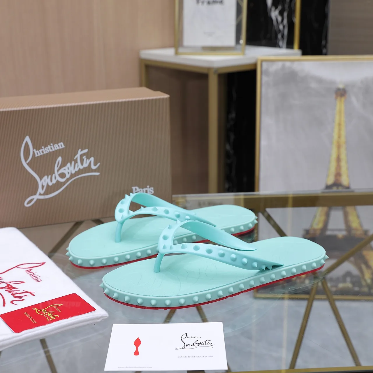 Christian Louboutin Studded Flip-Flops in Green · view 2